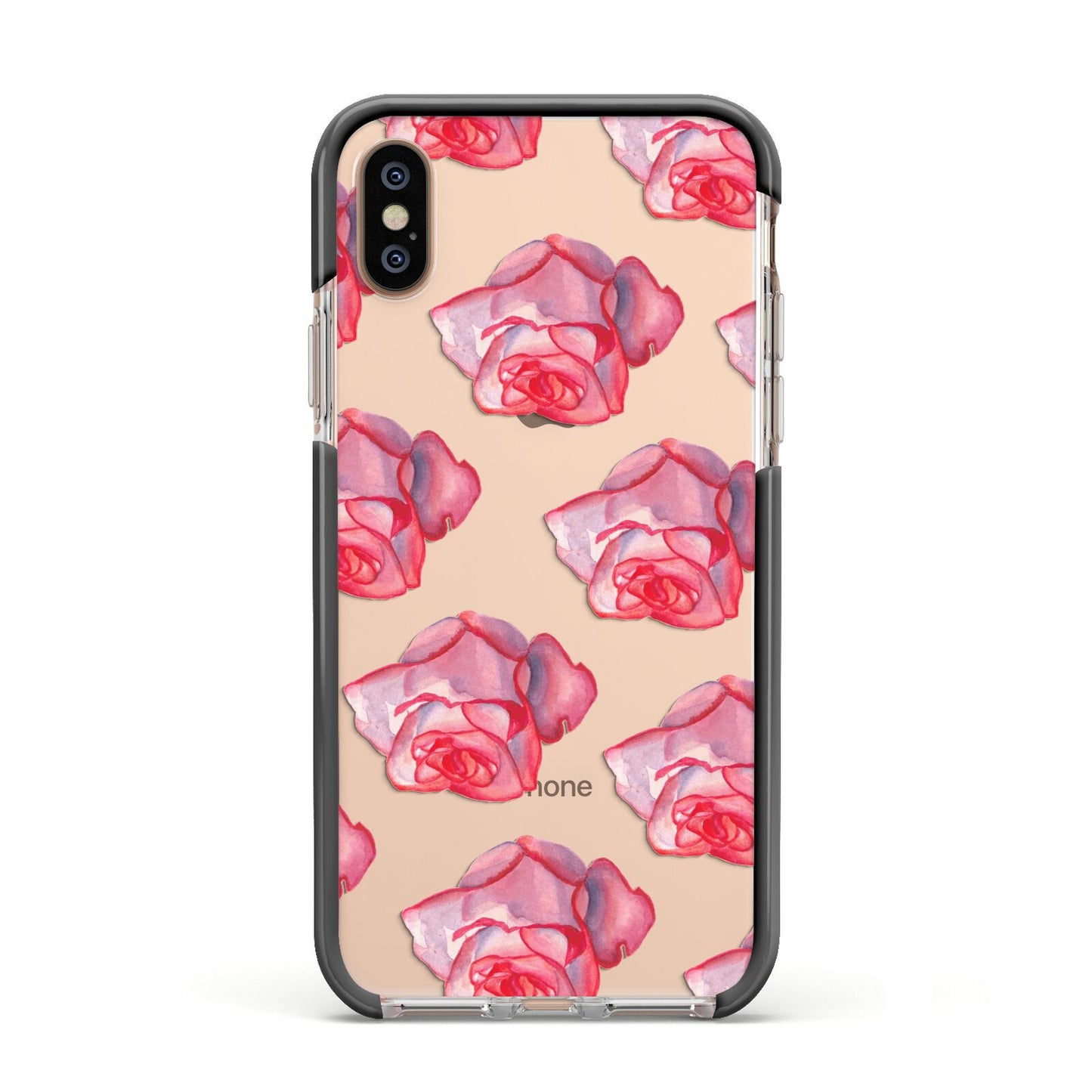 Pink Roses Apple iPhone Xs Impact Case Black Edge on Gold Phone