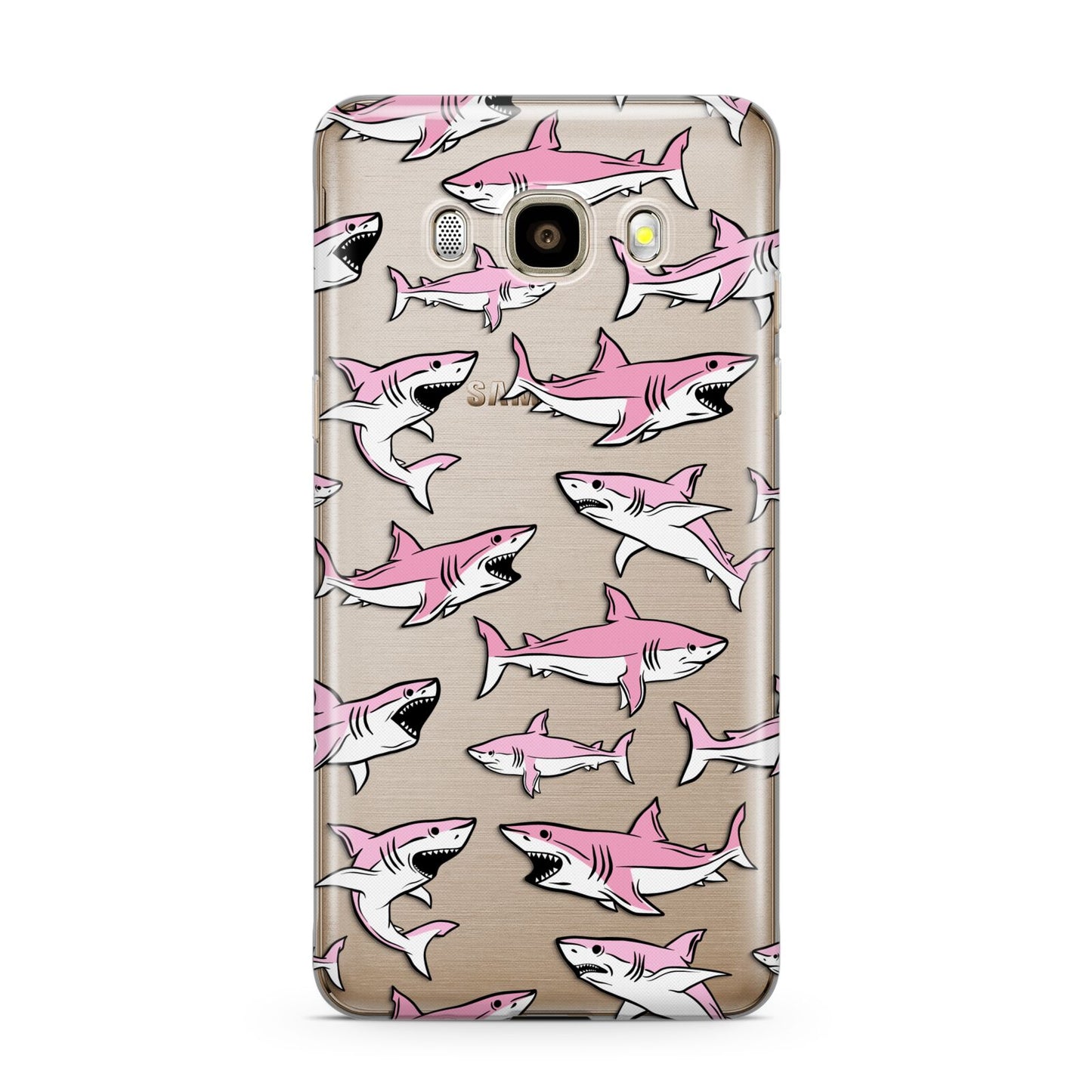 Pink Shark Samsung Galaxy J7 2016 Case on gold phone
