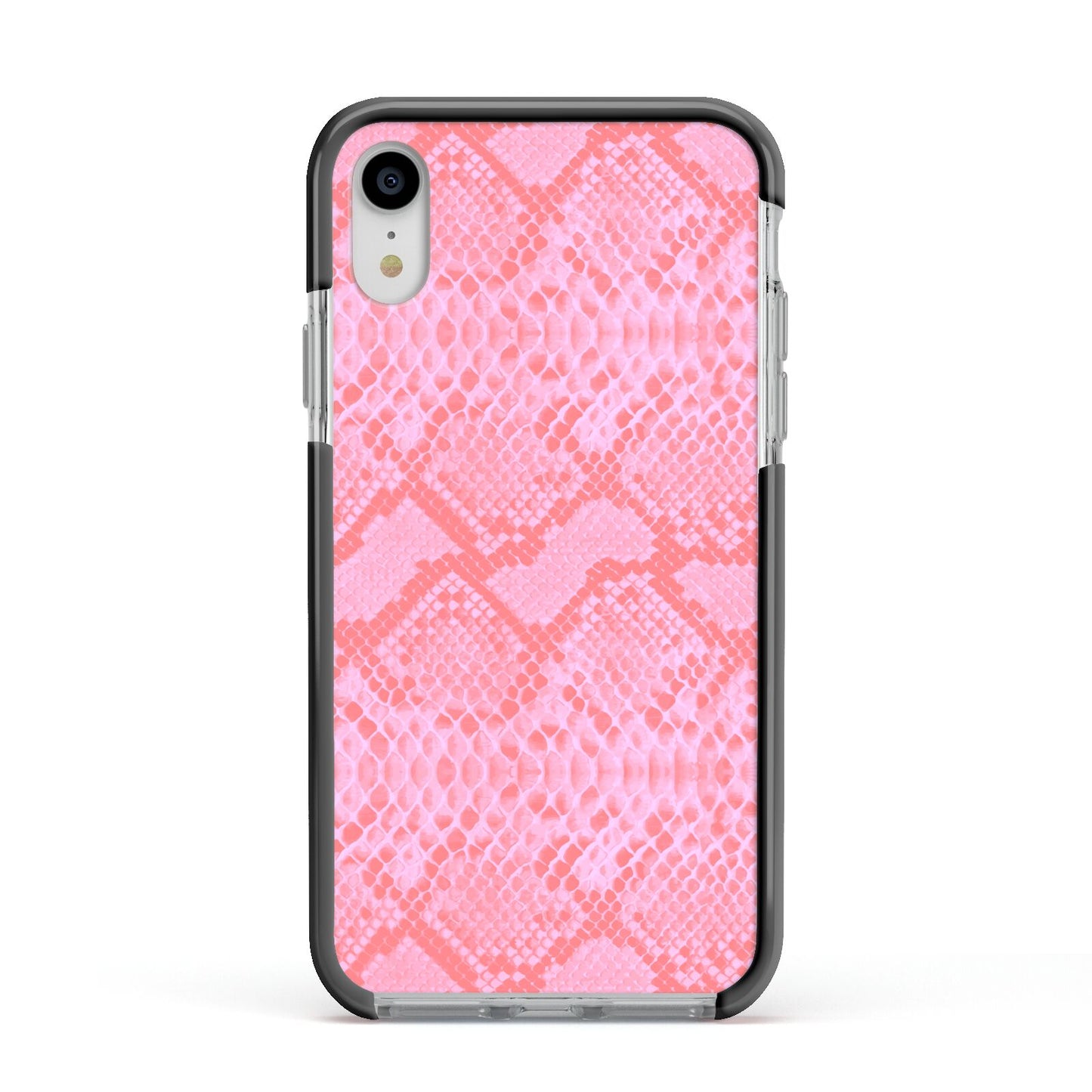 Pink Snakeskin Apple iPhone XR Impact Case Black Edge on Silver Phone