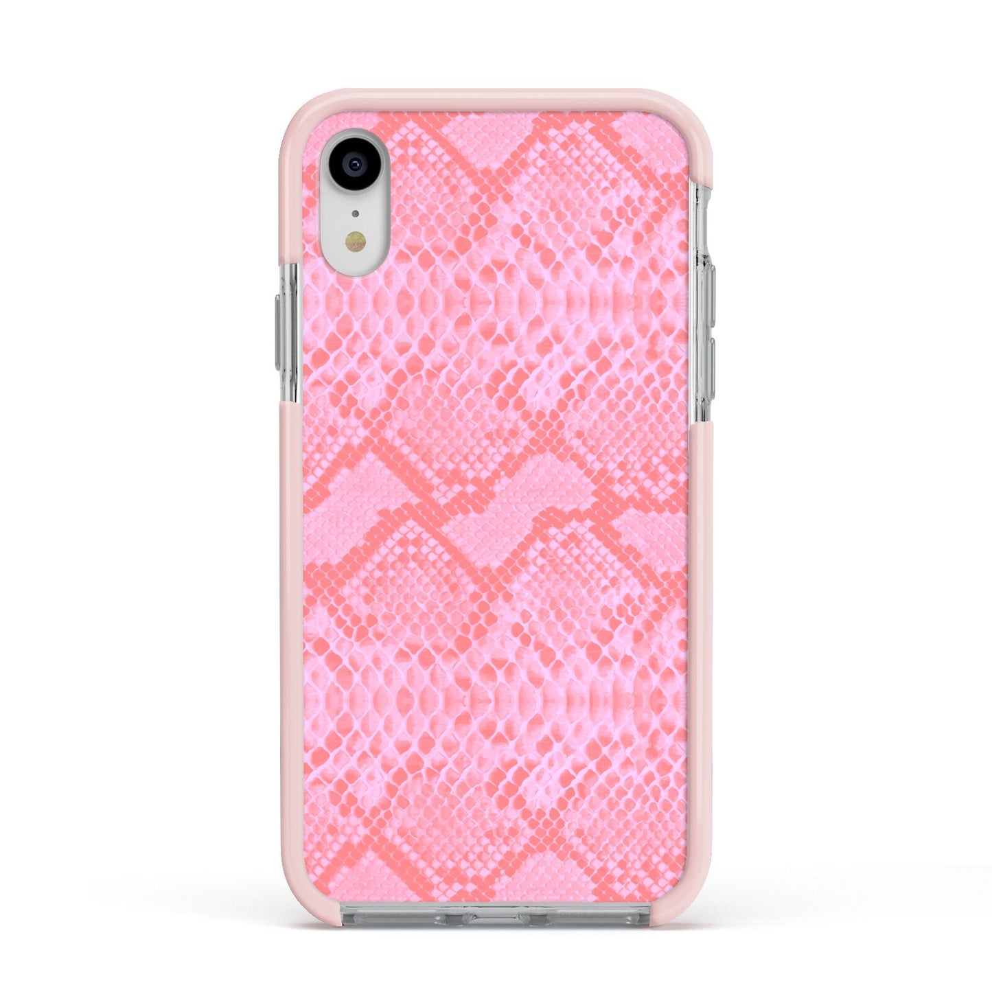 Pink Snakeskin Apple iPhone XR Impact Case Pink Edge on Silver Phone