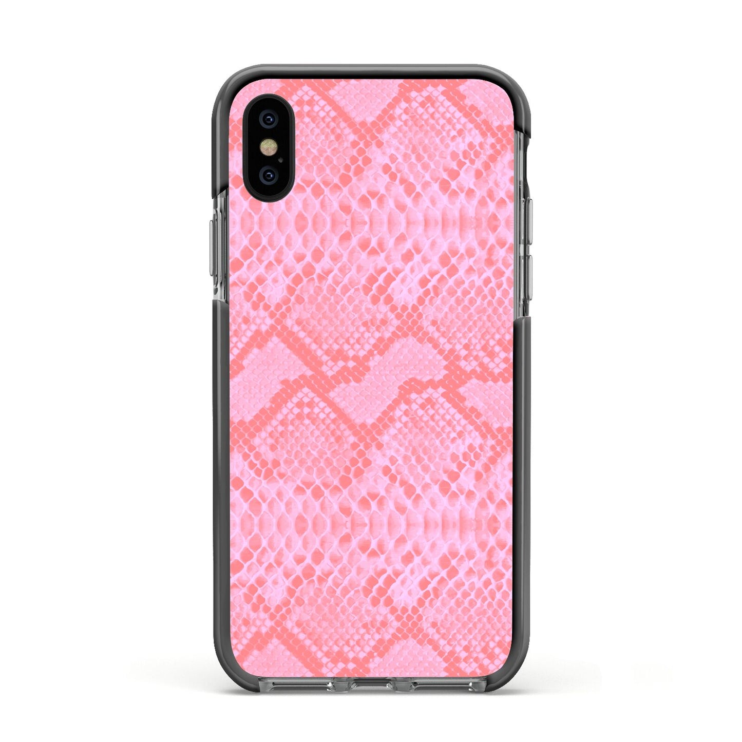 Pink Snakeskin Apple iPhone Xs Impact Case Black Edge on Black Phone