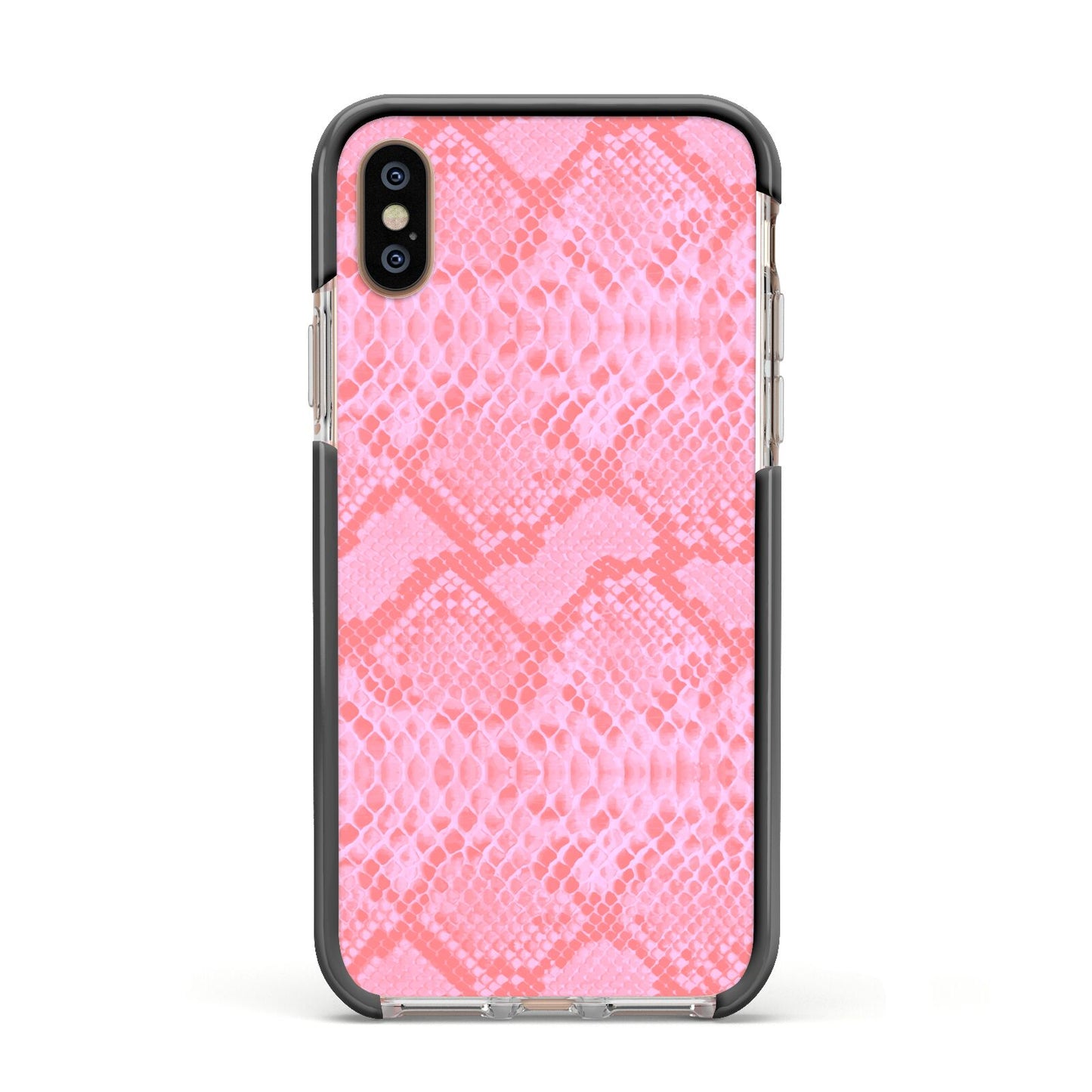 Pink Snakeskin Apple iPhone Xs Impact Case Black Edge on Gold Phone