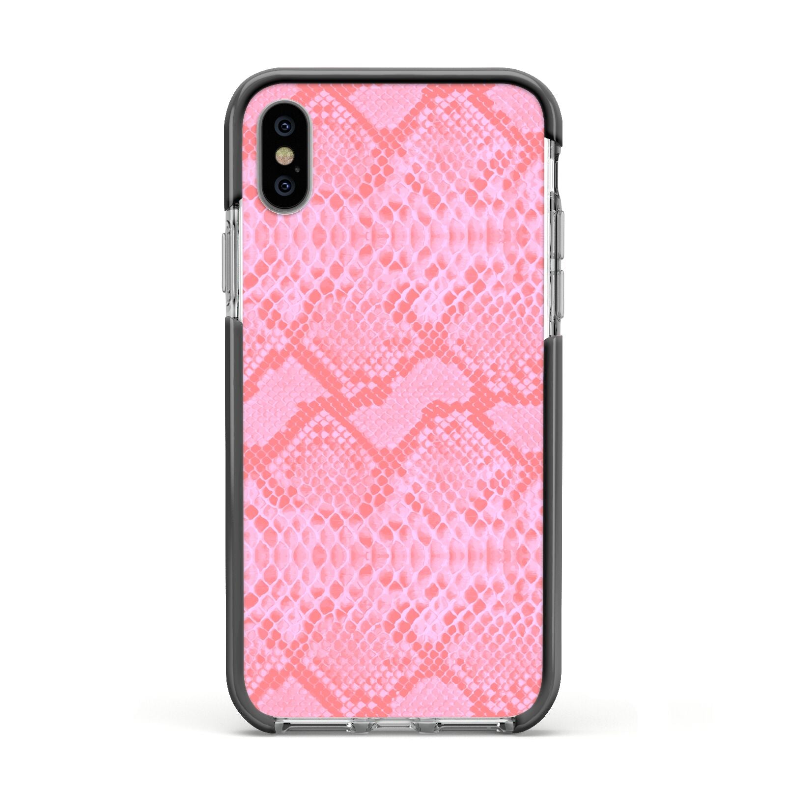 Pink Snakeskin Apple iPhone Xs Impact Case Black Edge on Silver Phone