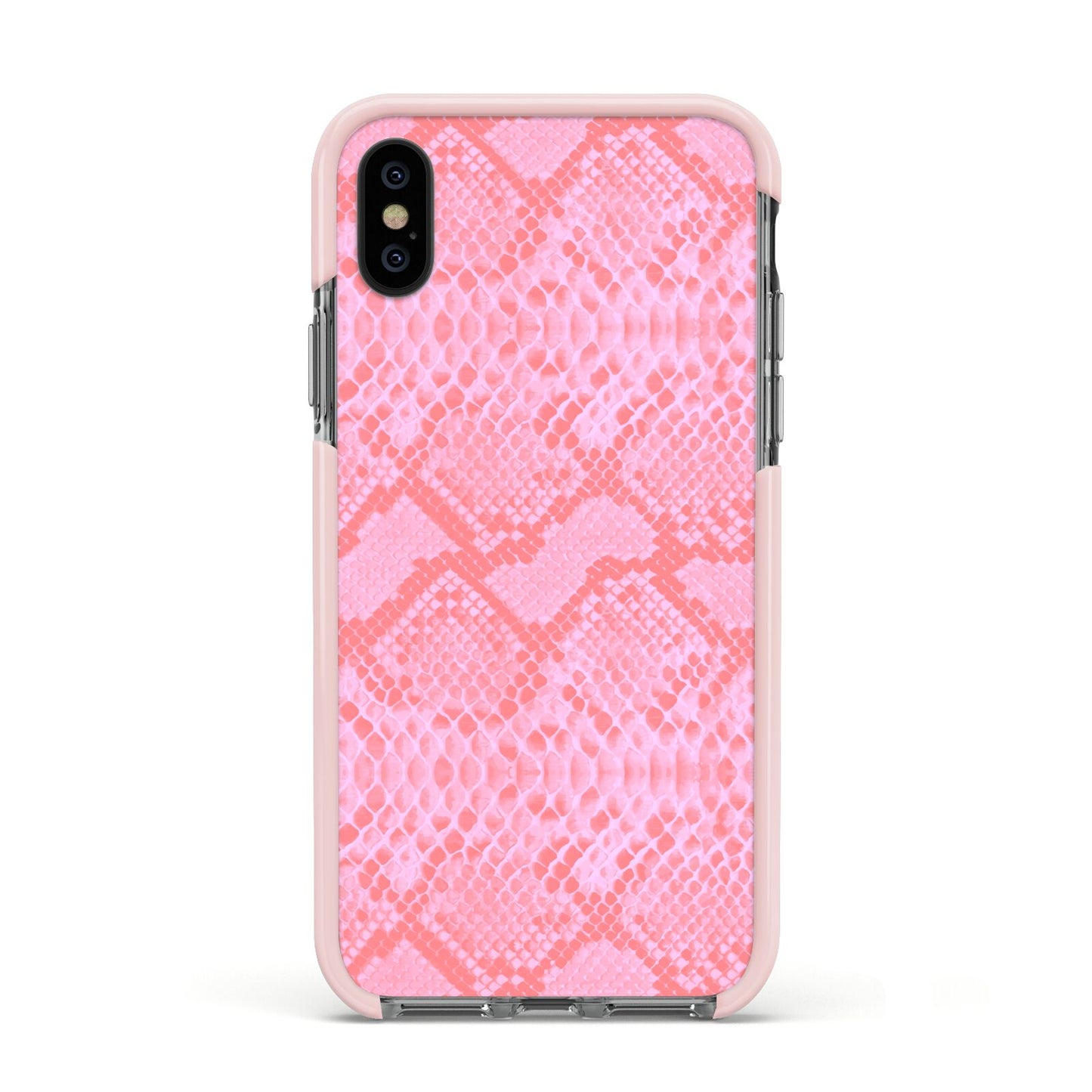 Pink Snakeskin Apple iPhone Xs Impact Case Pink Edge on Black Phone