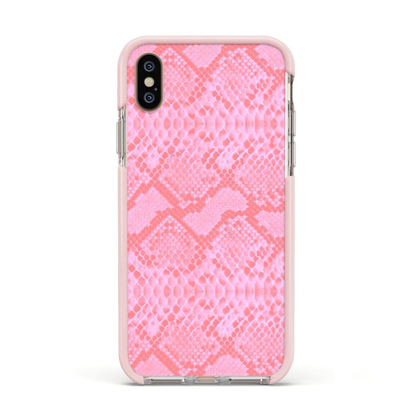 Pink Snakeskin Apple iPhone Xs Impact Case Pink Edge on Gold Phone