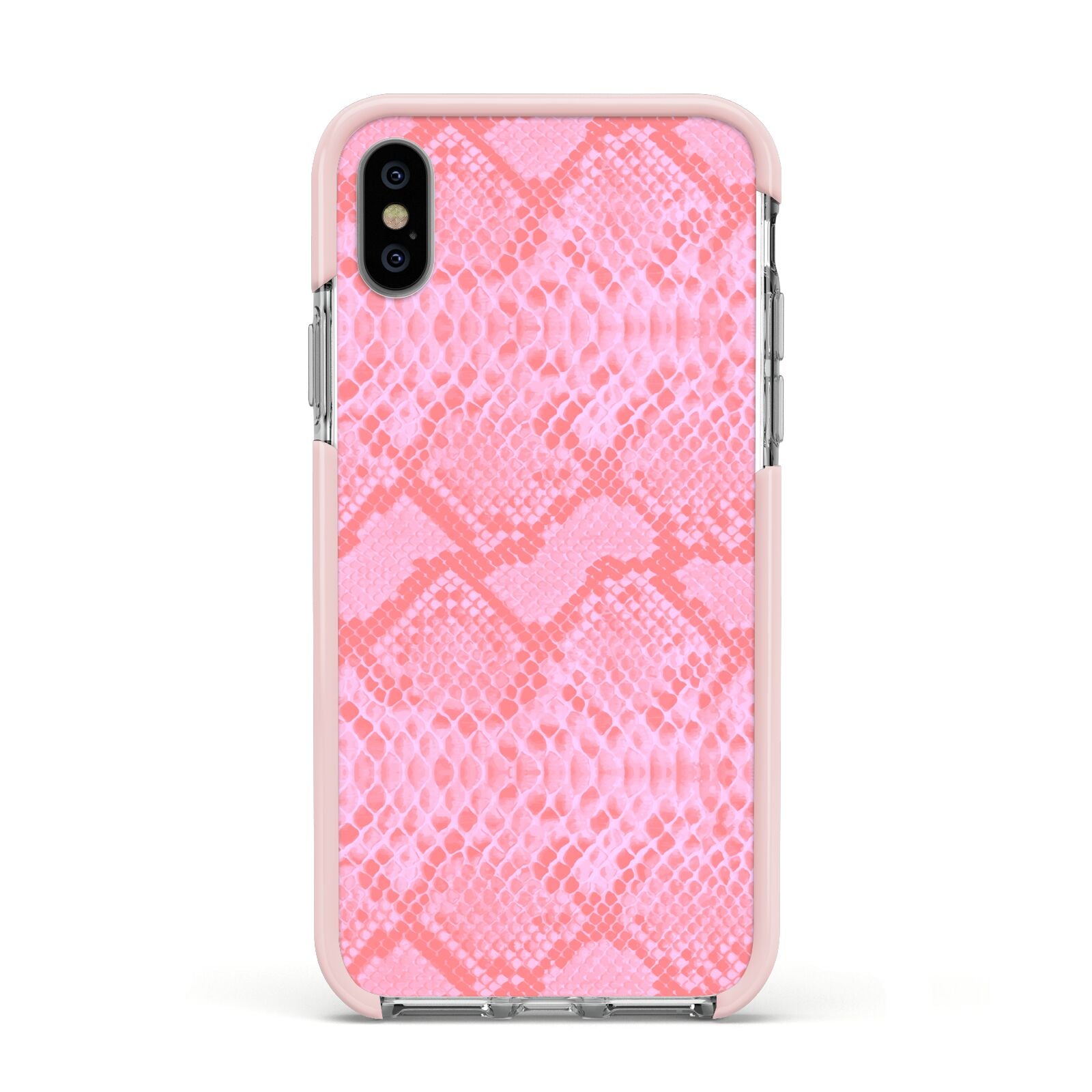 Pink Snakeskin Apple iPhone Xs Impact Case Pink Edge on Silver Phone