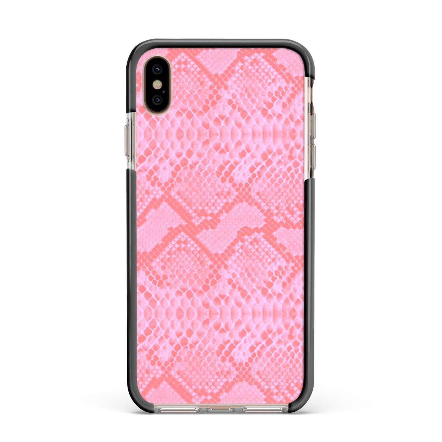 Pink Snakeskin Apple iPhone Xs Max Impact Case Black Edge on Gold Phone