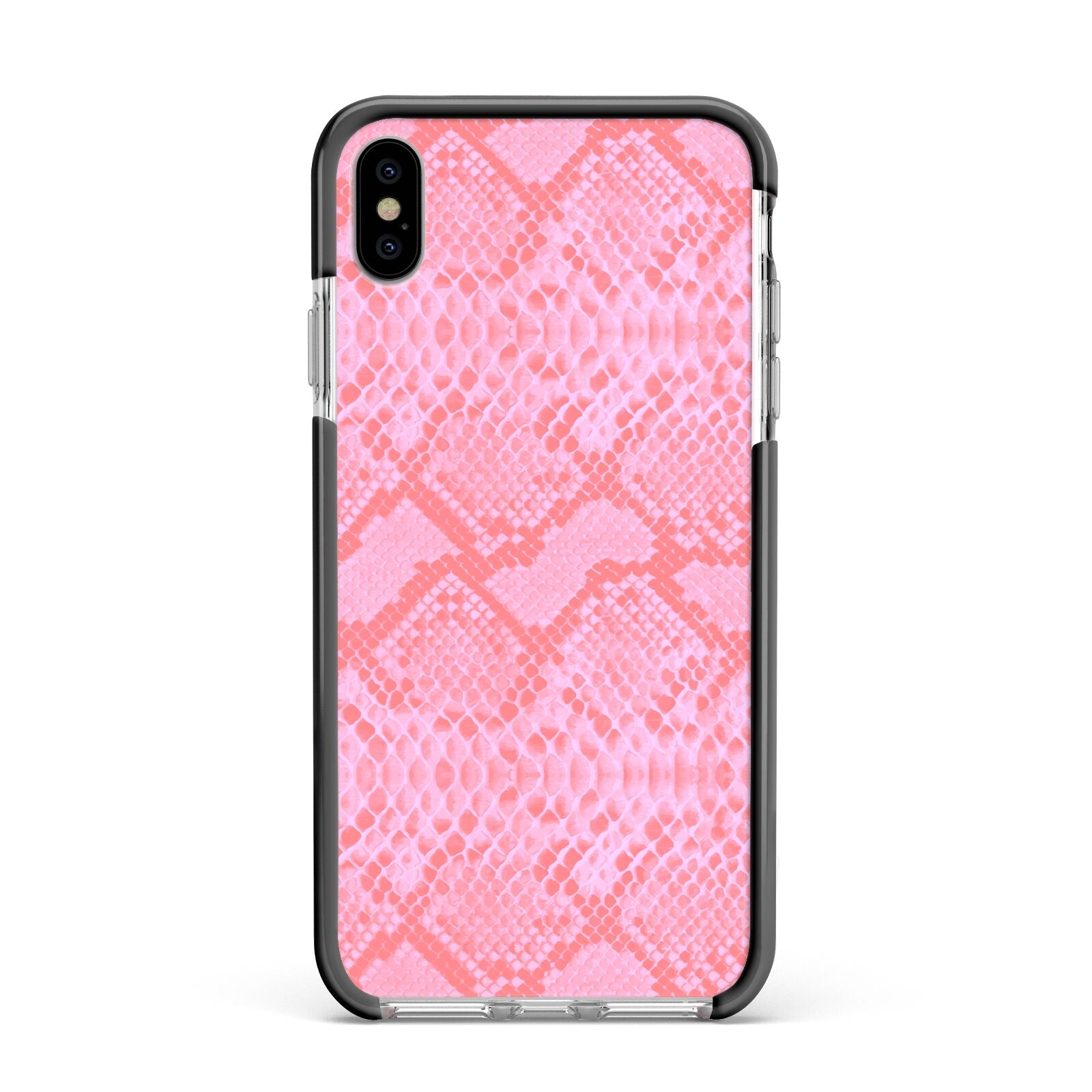 Pink Snakeskin Apple iPhone Xs Max Impact Case Black Edge on Silver Phone