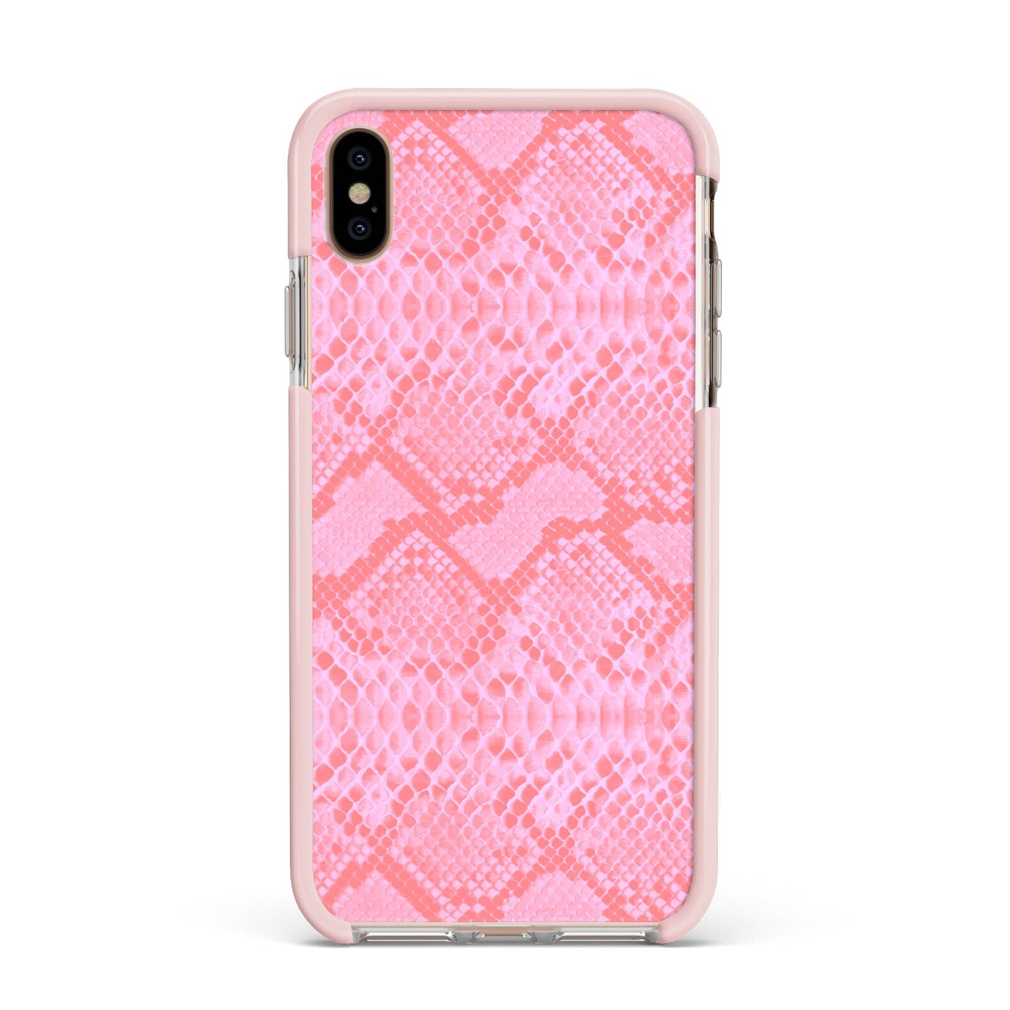 Pink Snakeskin Apple iPhone Xs Max Impact Case Pink Edge on Gold Phone