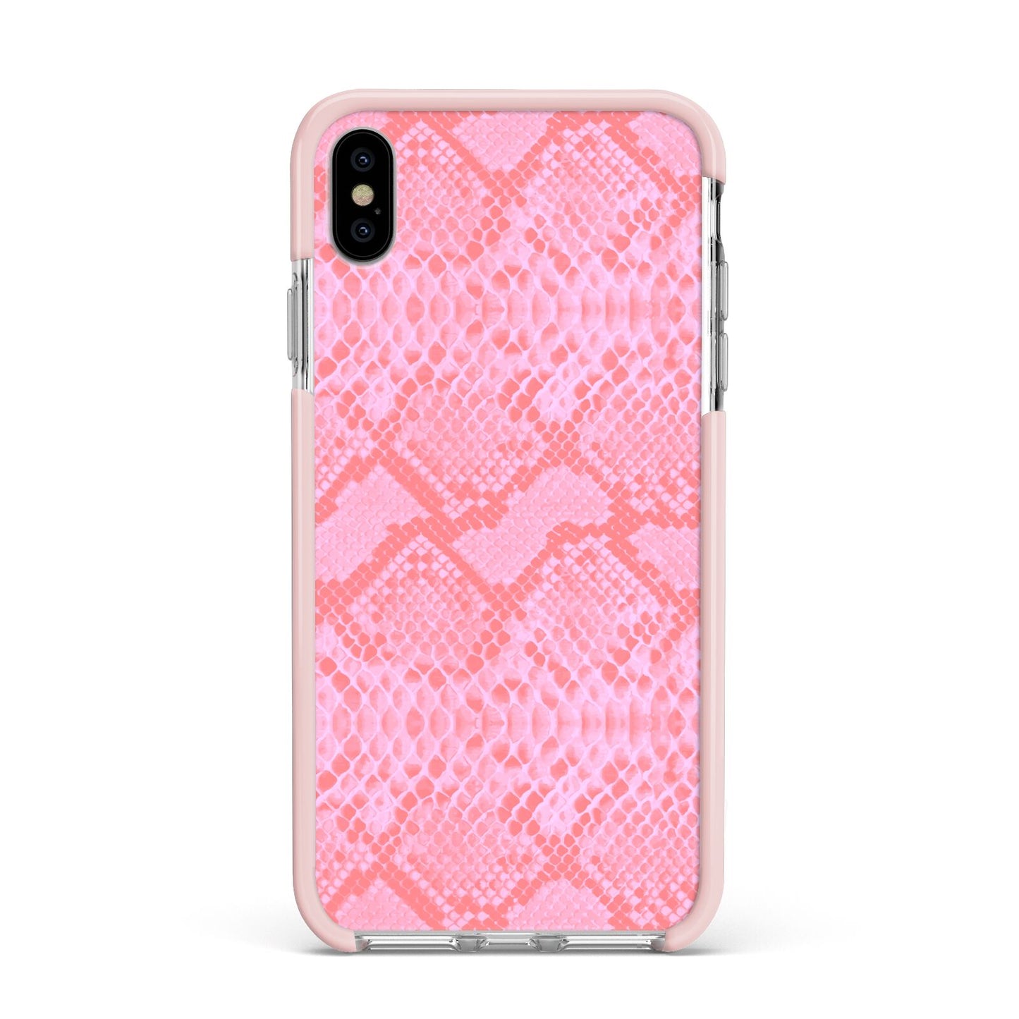 Pink Snakeskin Apple iPhone Xs Max Impact Case Pink Edge on Silver Phone