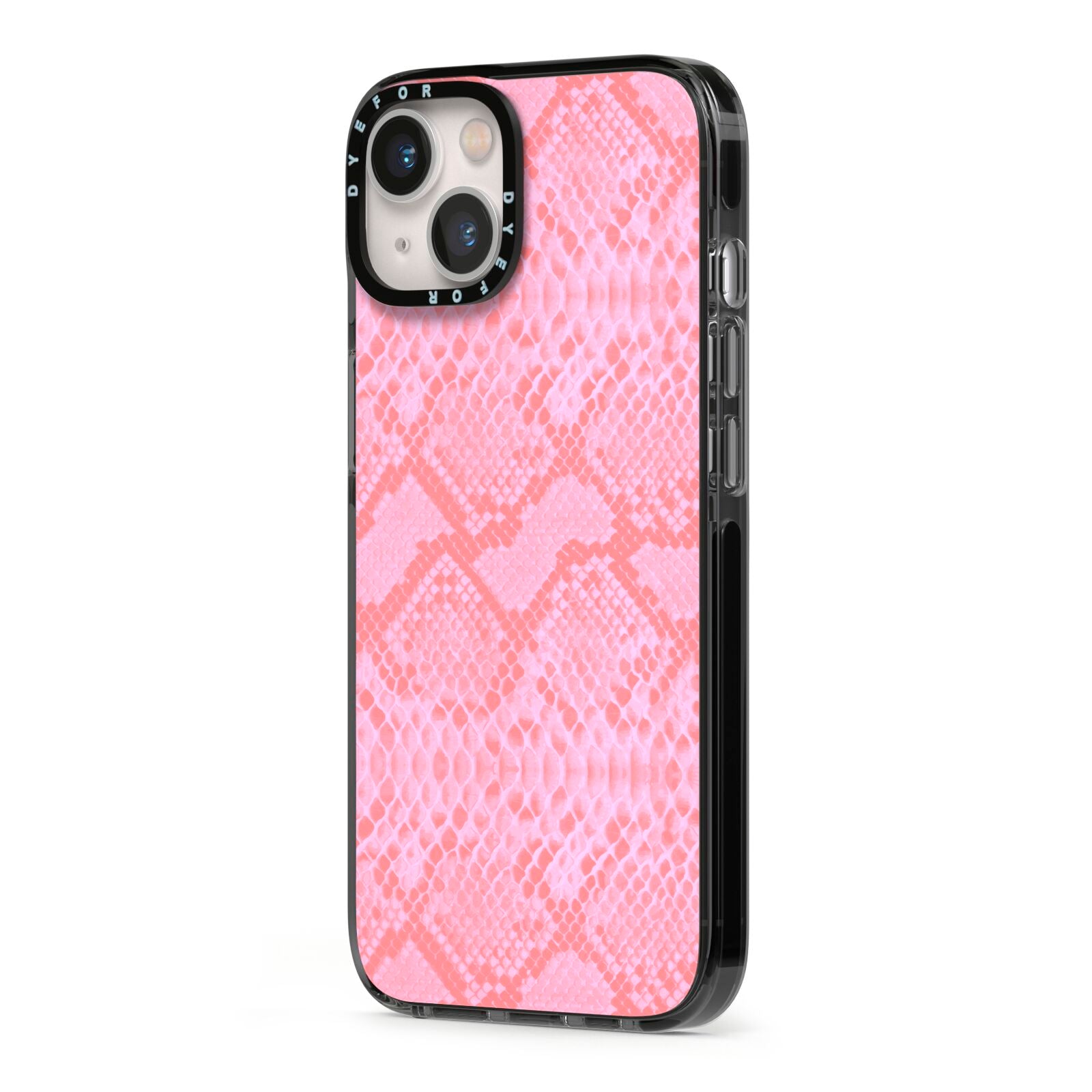 Pink Snakeskin iPhone 13 Black Impact Case Side Angle on Silver phone