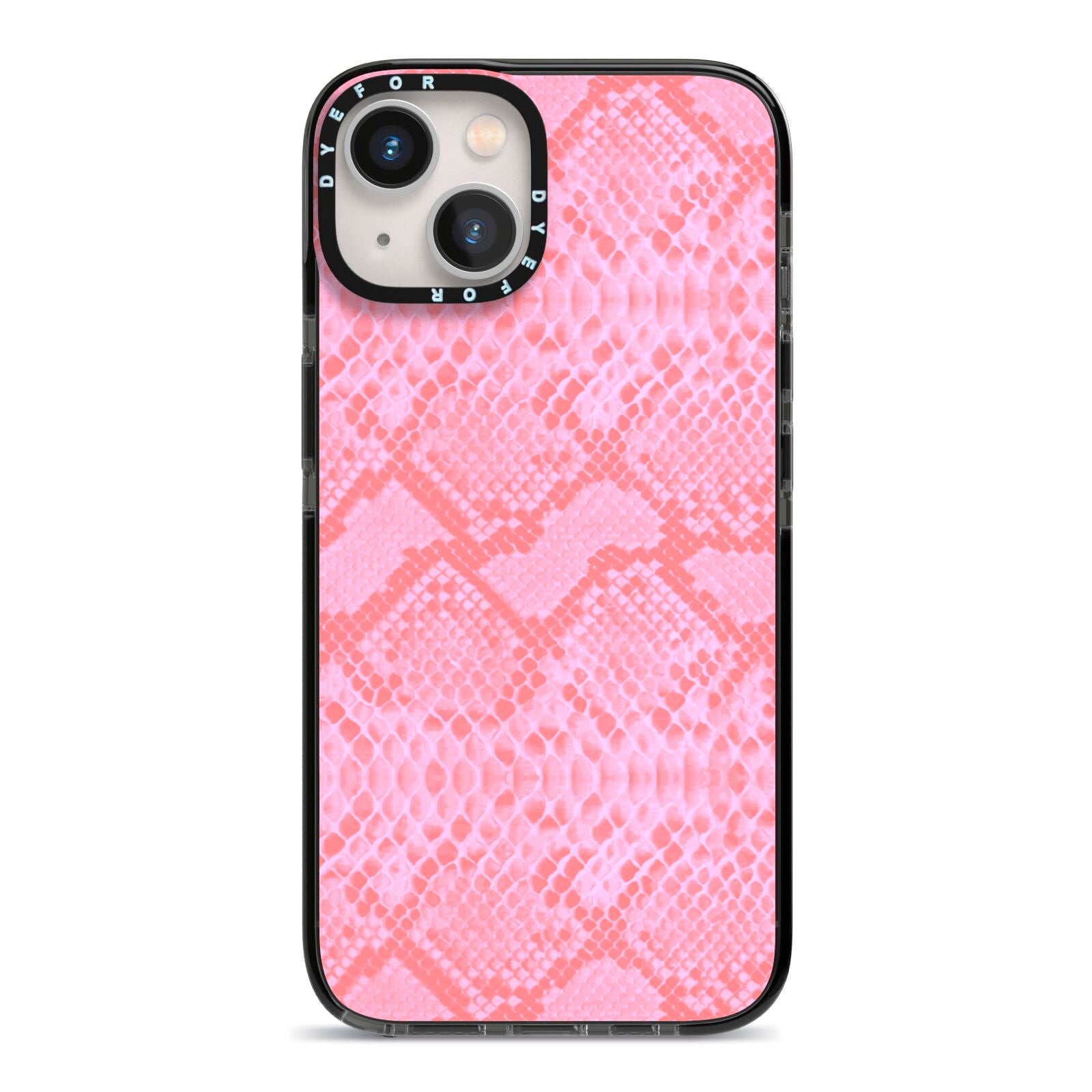 Pink Snakeskin iPhone 13 Black Impact Case on Silver phone