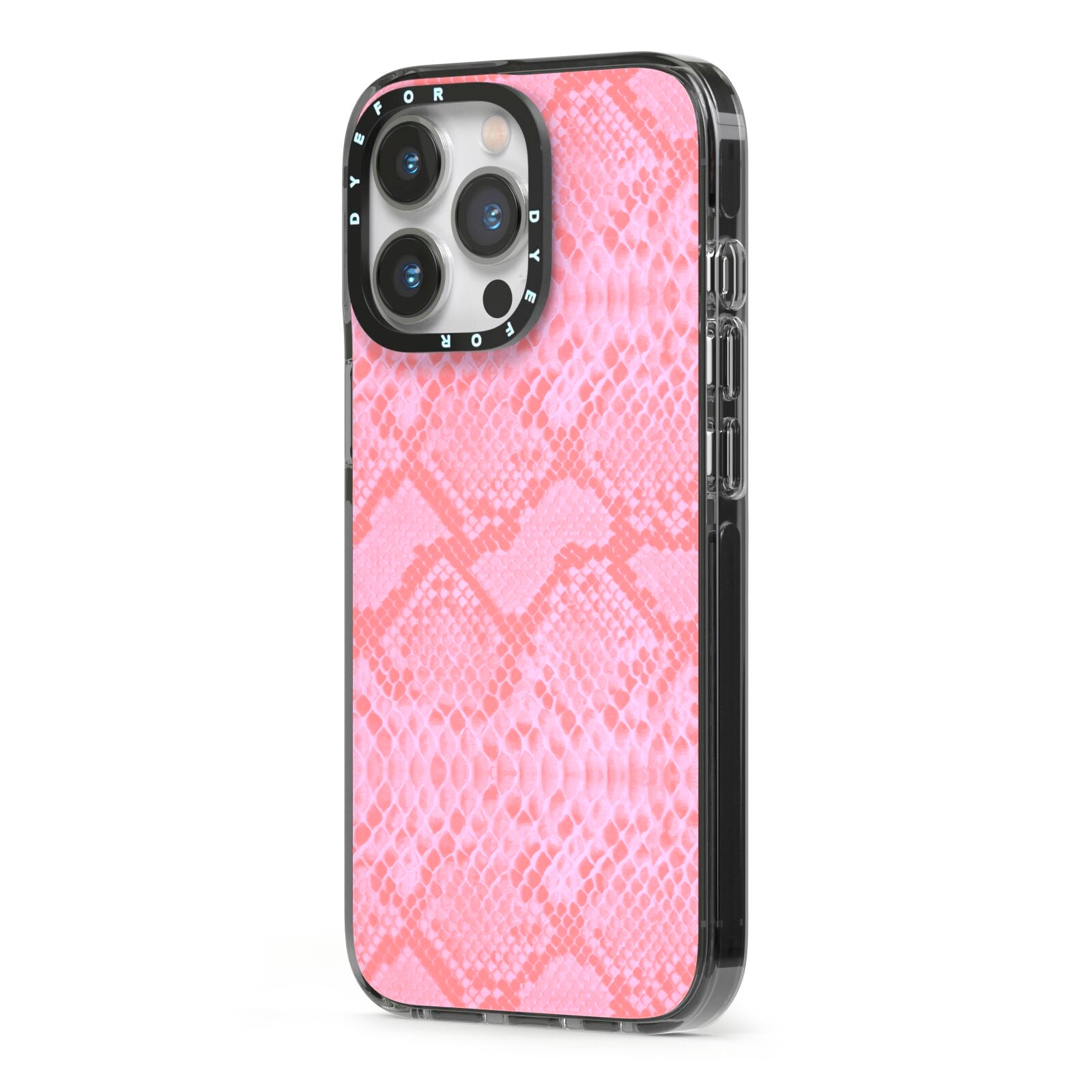 Pink Snakeskin iPhone 13 Pro Black Impact Case Side Angle on Silver phone