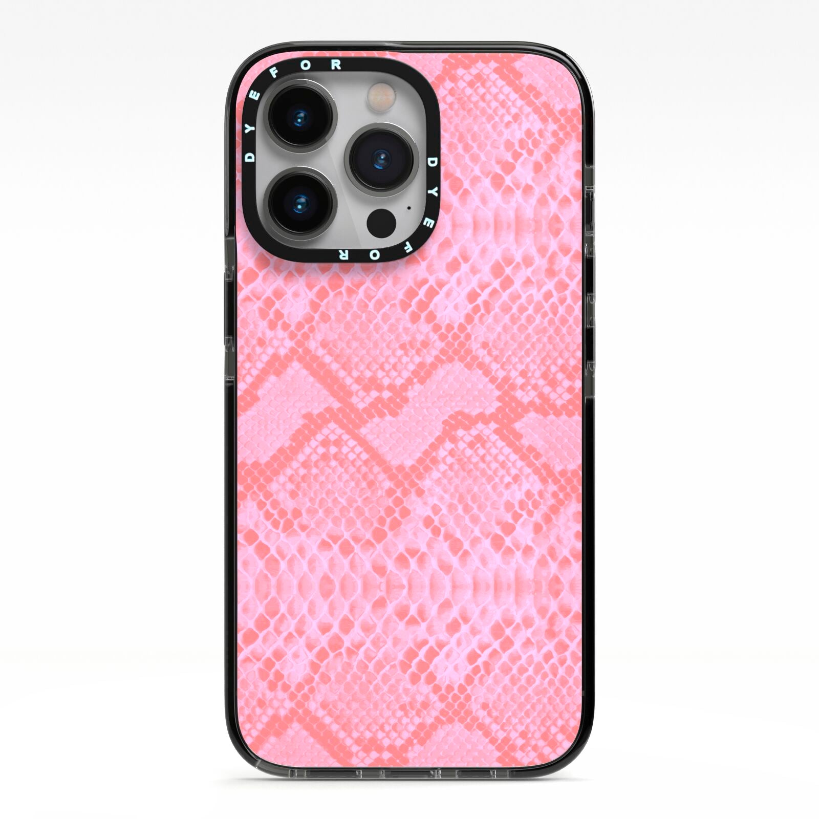 Pink Snakeskin iPhone 13 Pro Black Impact Case on Silver phone