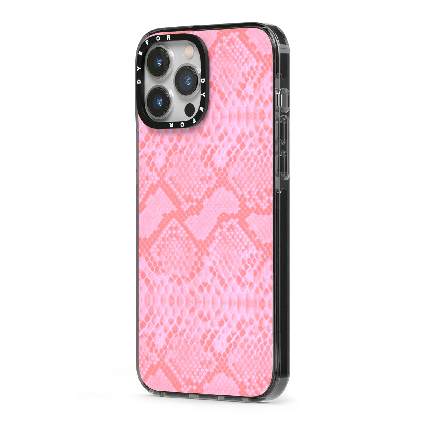 Pink Snakeskin iPhone 13 Pro Max Black Impact Case Side Angle on Silver phone