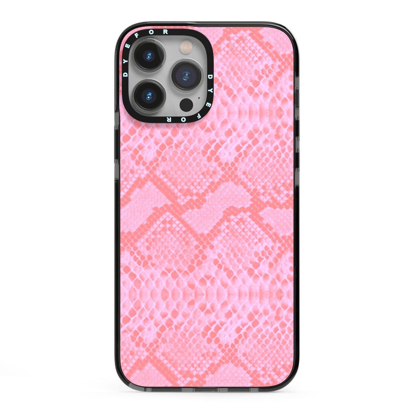 Pink Snakeskin iPhone 13 Pro Max Black Impact Case on Silver phone