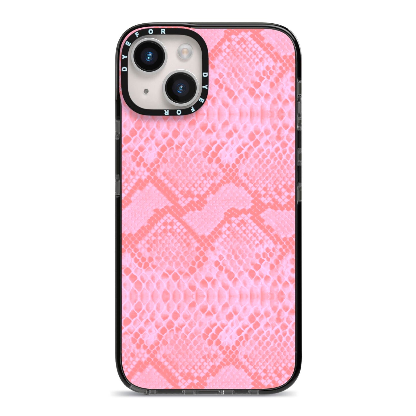 Pink Snakeskin iPhone 14 Black Impact Case on Silver phone