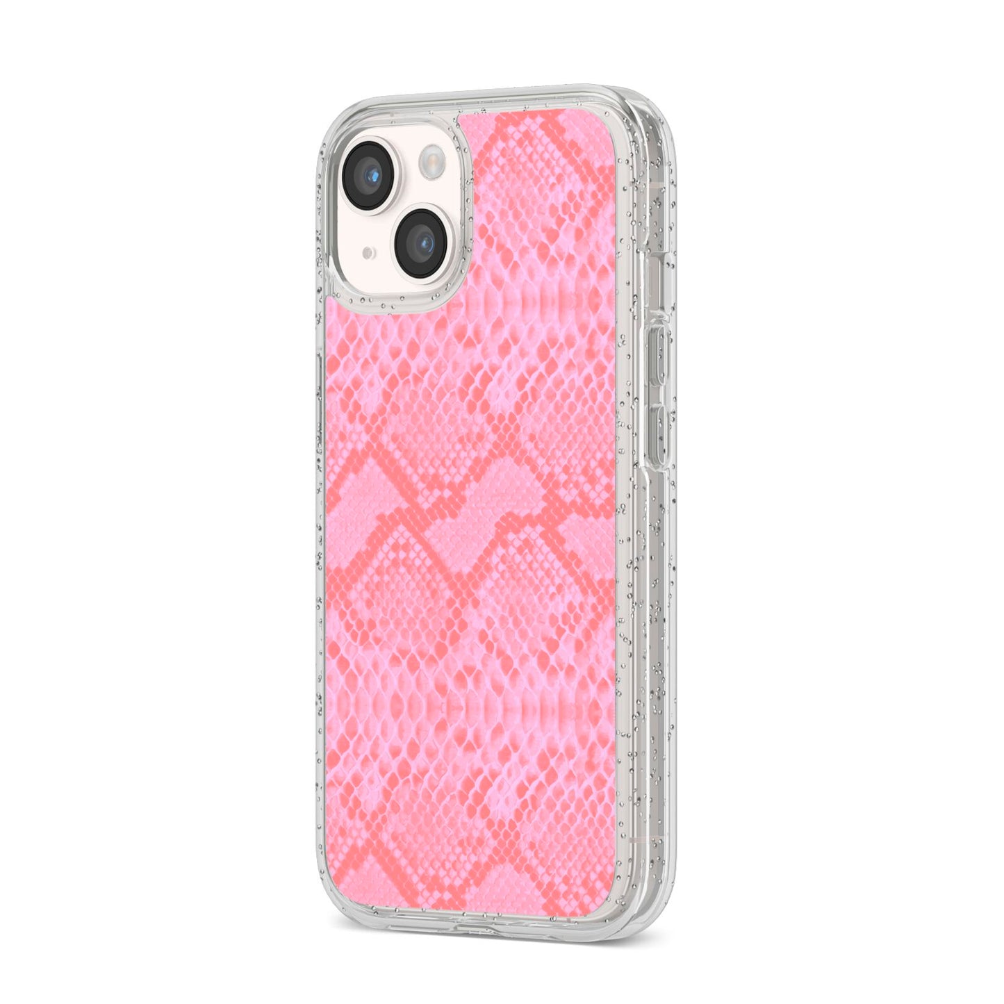 Pink Snakeskin iPhone 14 Glitter Tough Case Starlight Angled Image