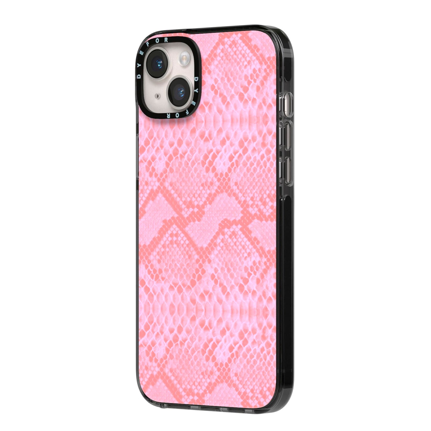 Pink Snakeskin iPhone 14 Plus Black Impact Case Side Angle on Silver phone