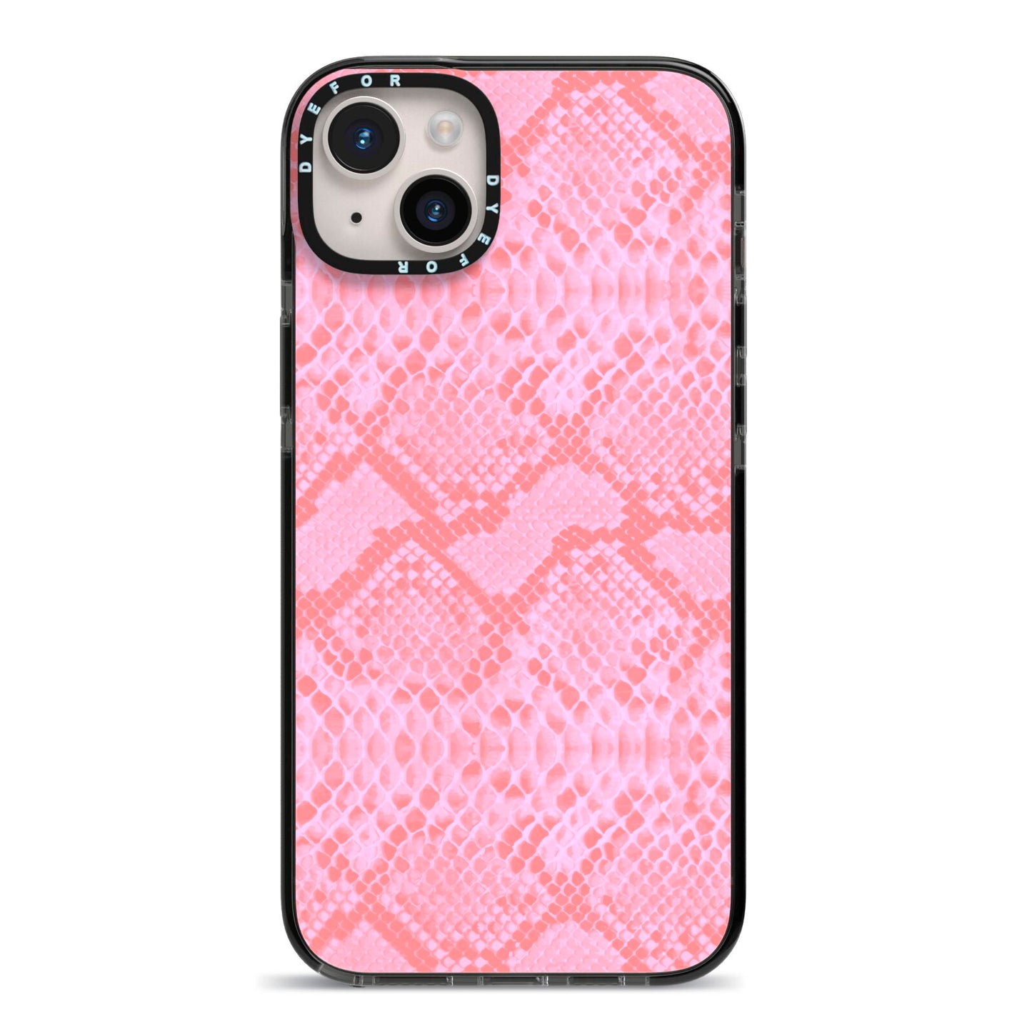 Pink Snakeskin iPhone 14 Plus Black Impact Case on Silver phone