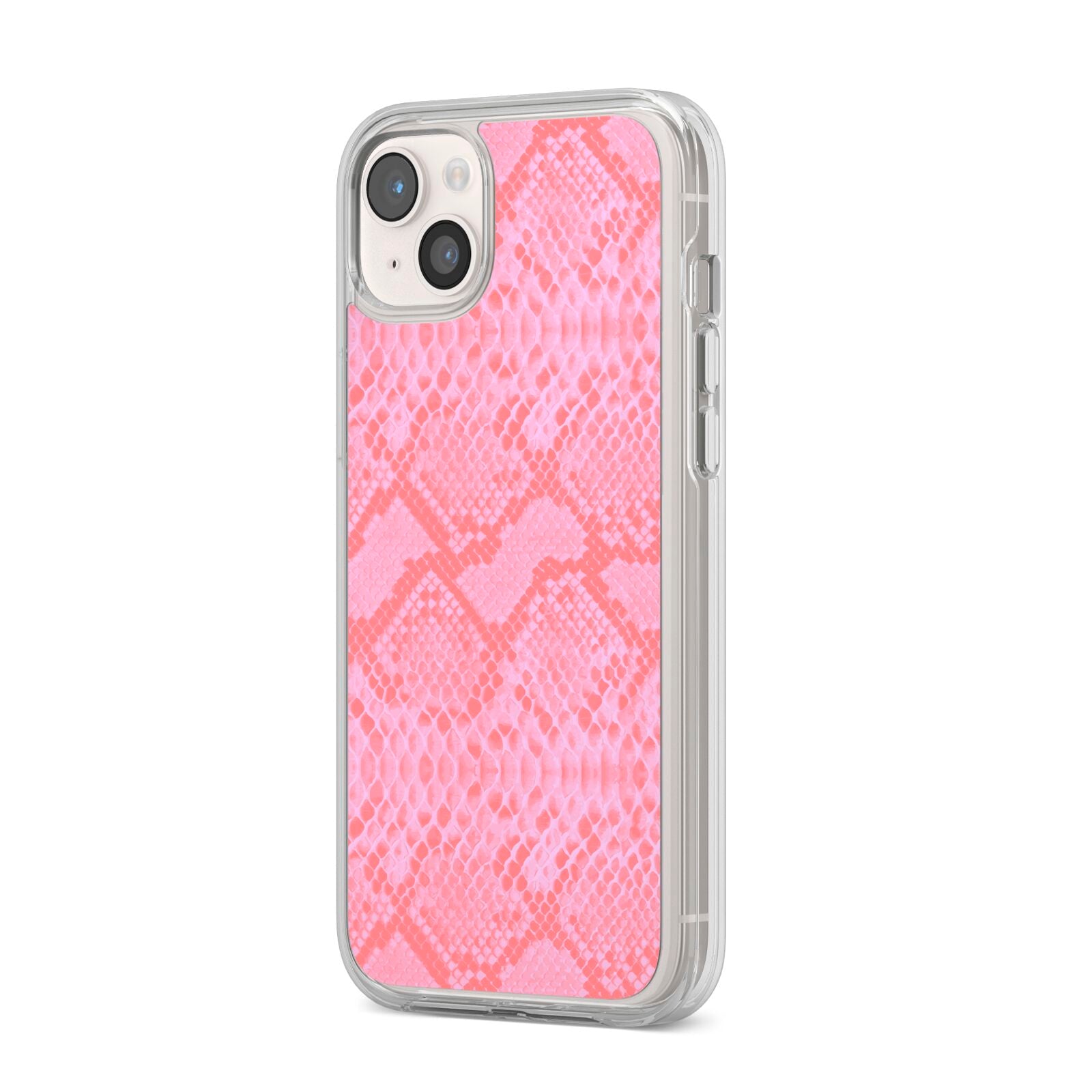 Pink Snakeskin iPhone 14 Plus Clear Tough Case Starlight Angled Image