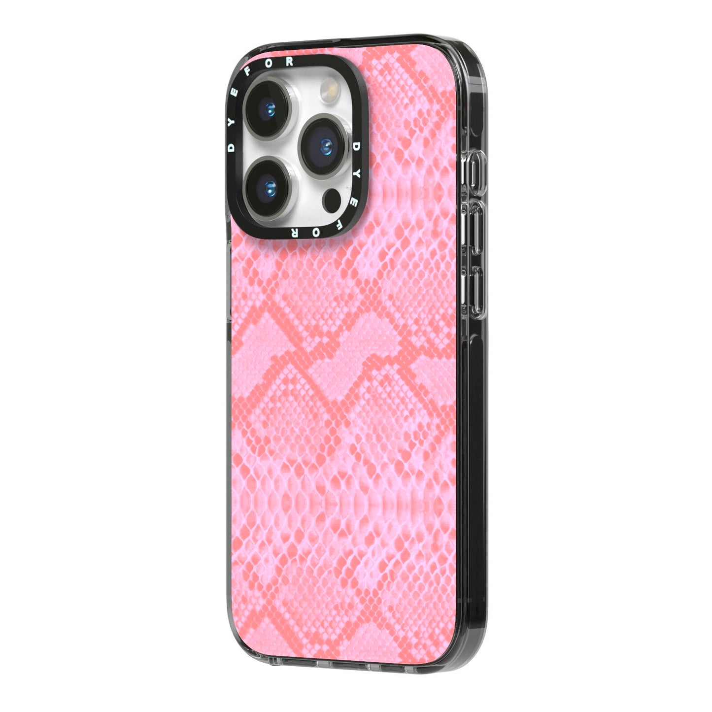 Pink Snakeskin iPhone 14 Pro Black Impact Case Side Angle on Silver phone