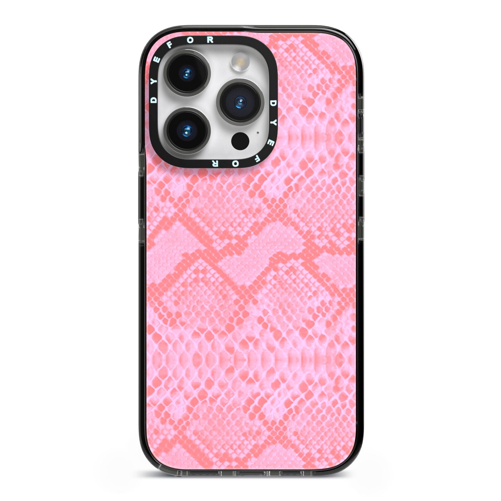 Pink Snakeskin iPhone 14 Pro Black Impact Case on Silver phone