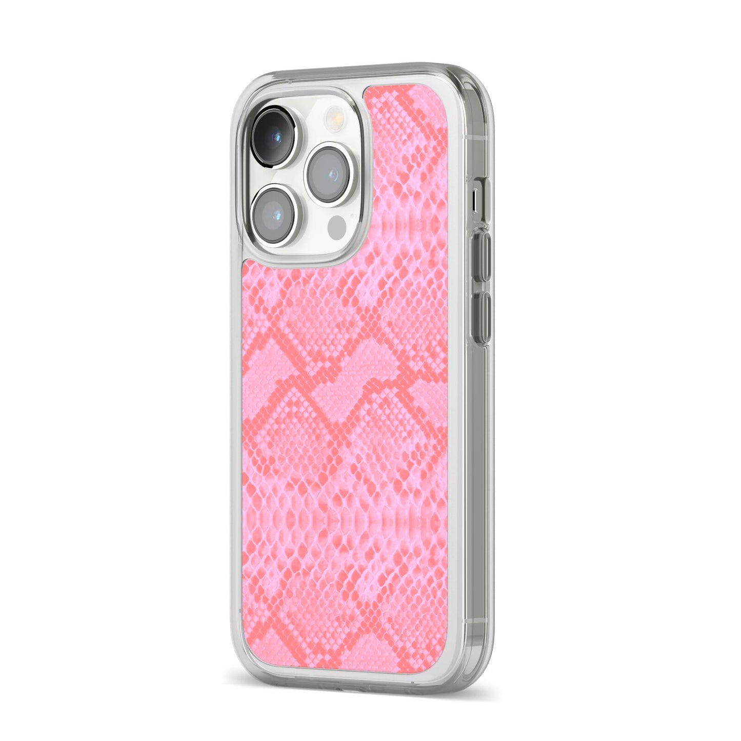 Pink Snakeskin iPhone 14 Pro Clear Tough Case Silver Angled Image