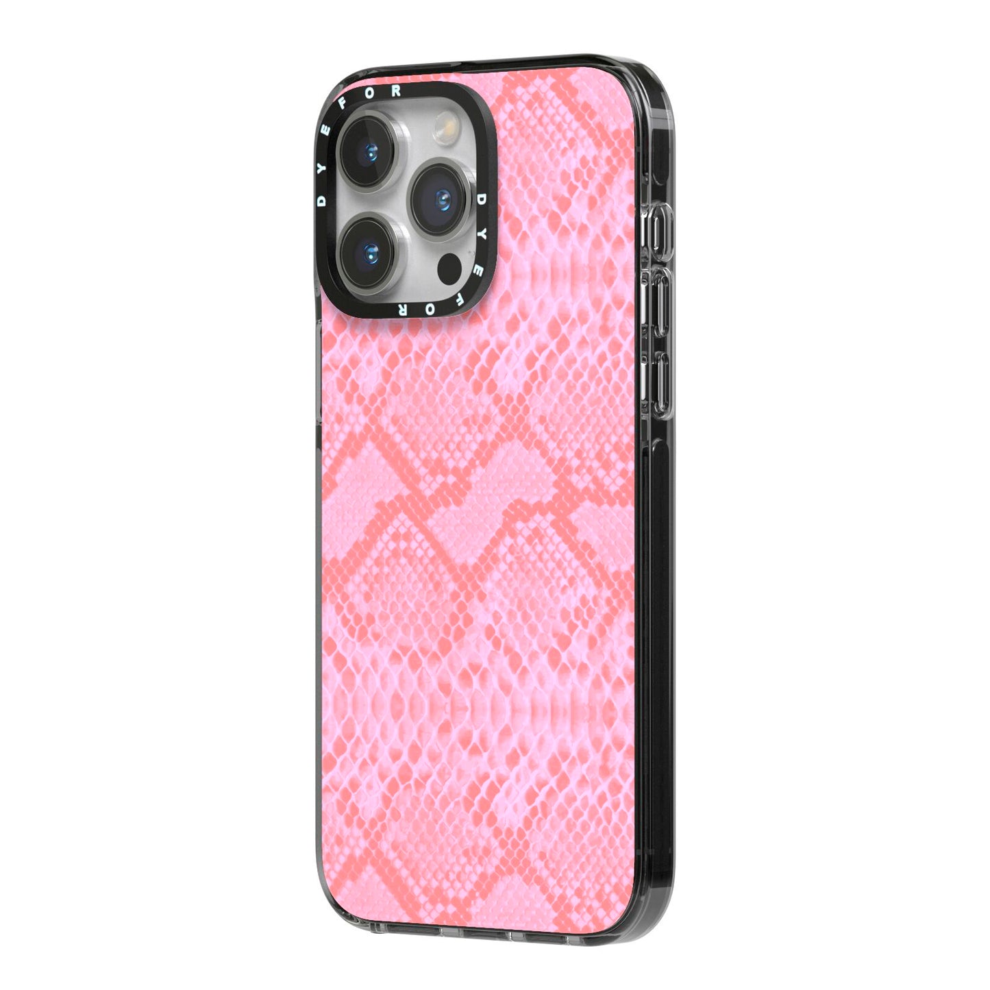 Pink Snakeskin iPhone 14 Pro Max Black Impact Case Side Angle on Silver phone