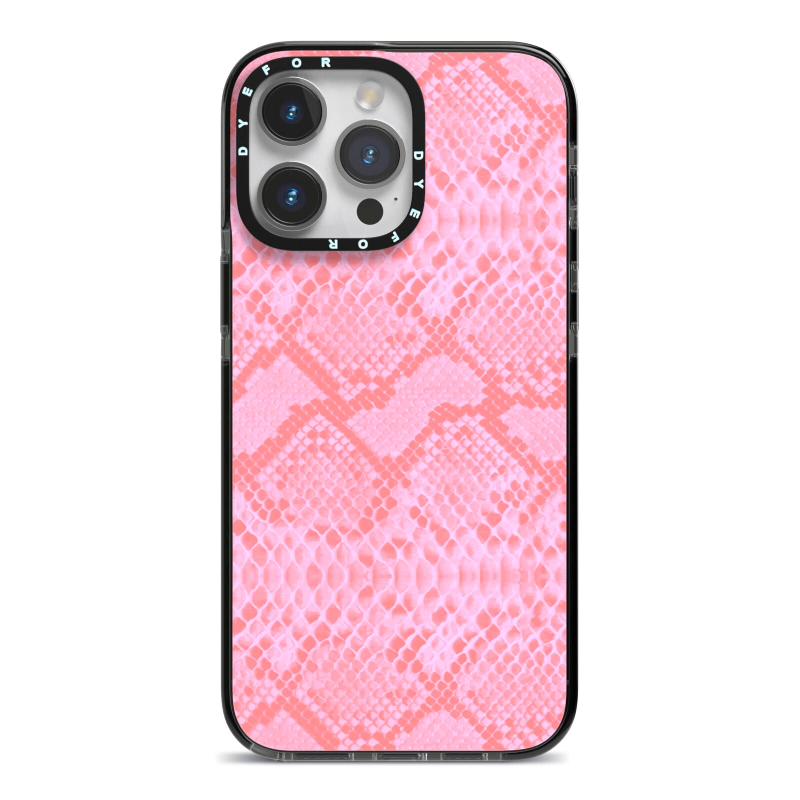 Pink Snakeskin iPhone 14 Pro Max Black Impact Case on Silver phone