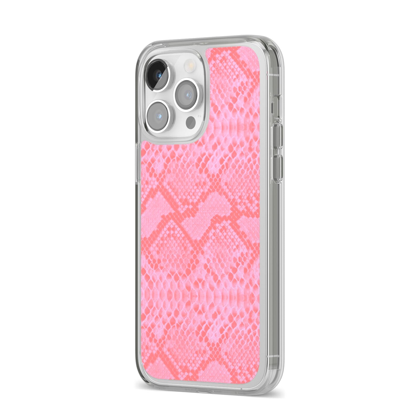 Pink Snakeskin iPhone 14 Pro Max Clear Tough Case Silver Angled Image