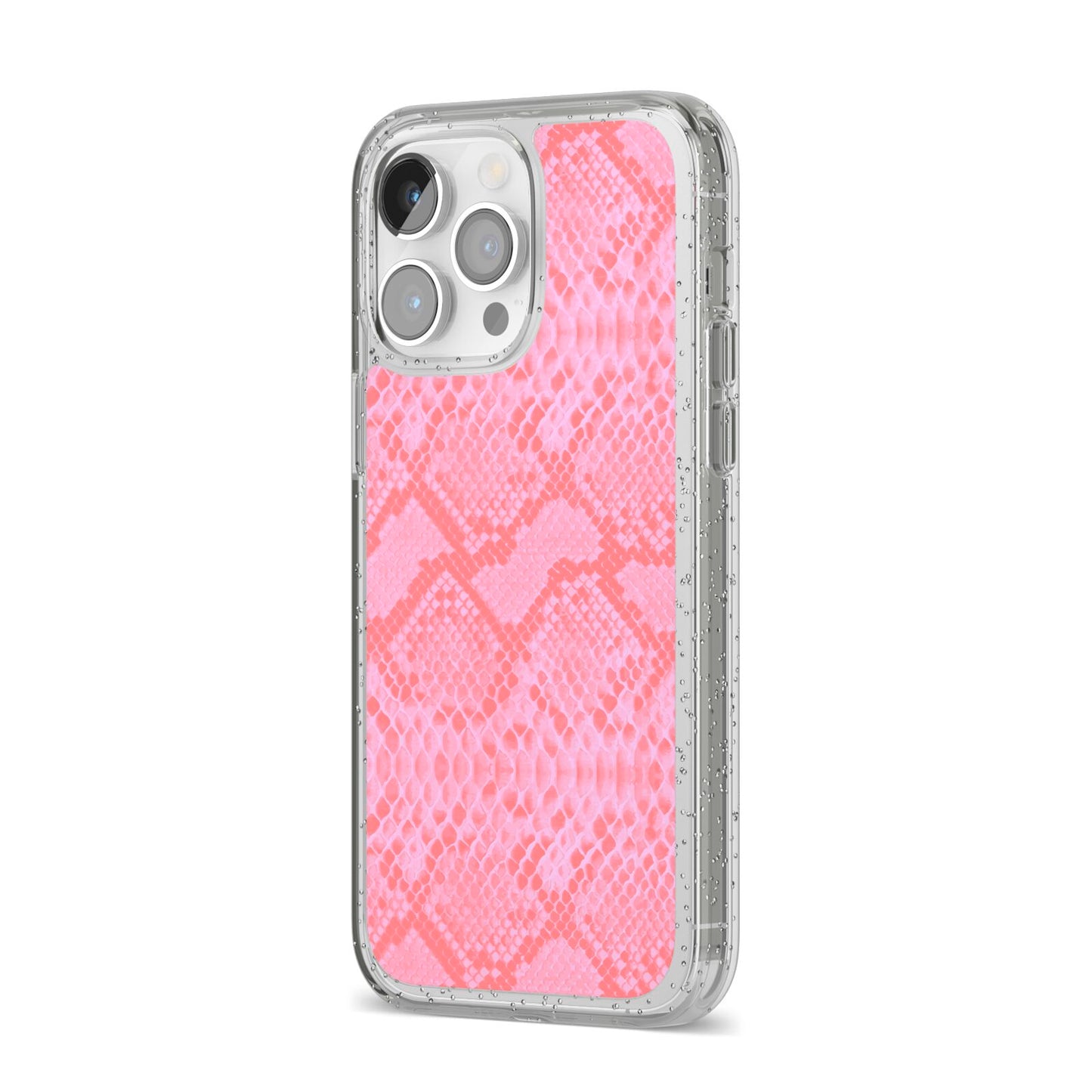 Pink Snakeskin iPhone 14 Pro Max Glitter Tough Case Silver Angled Image