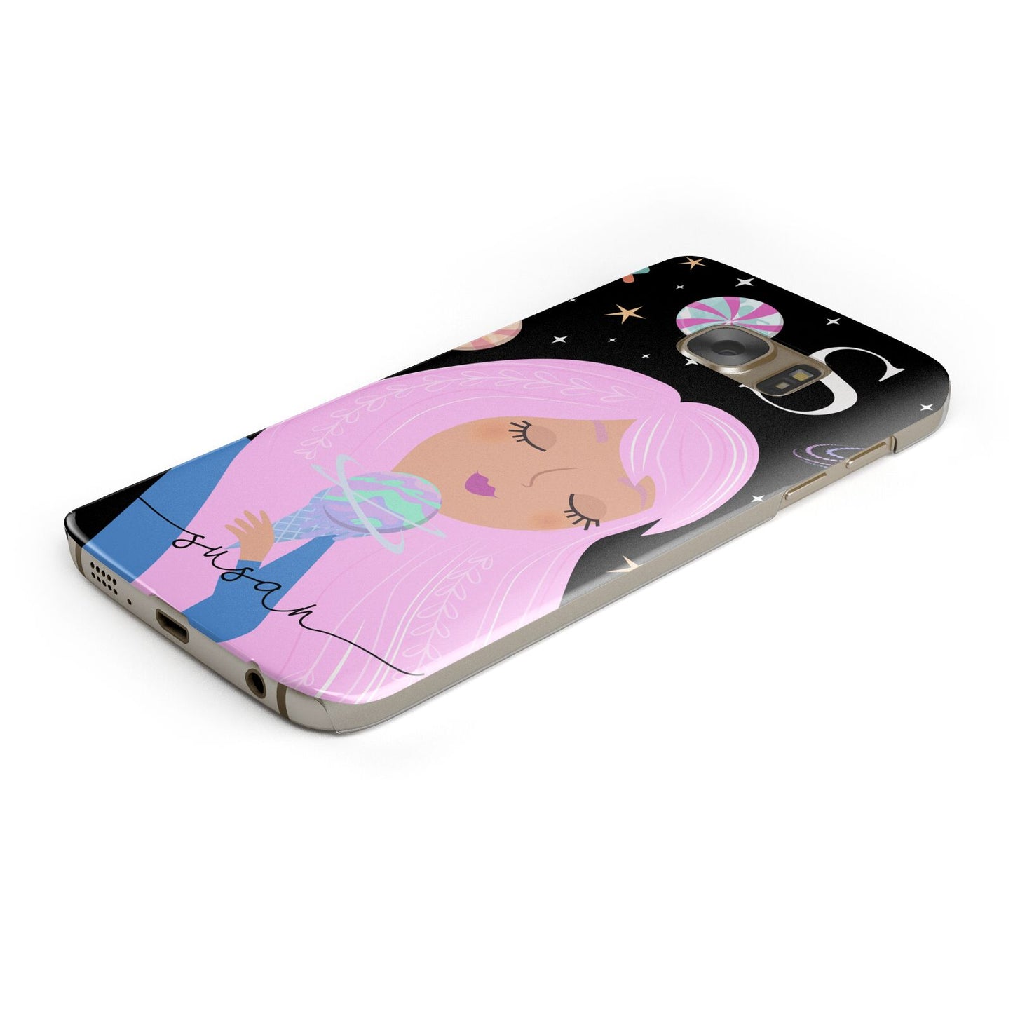 Pink Space Lady Personalised Protective Samsung Galaxy Case Angled Image