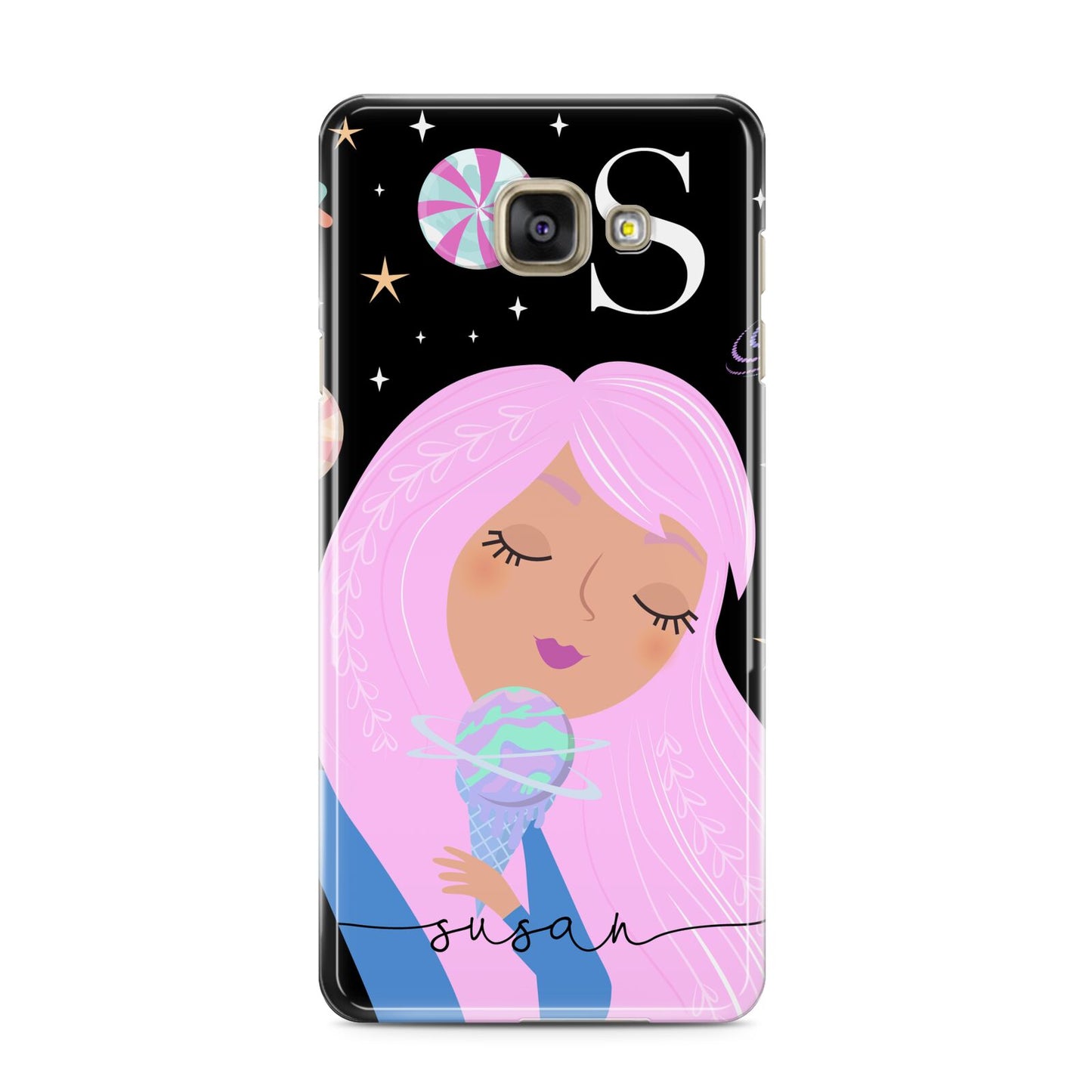 Pink Space Lady Personalised Samsung Galaxy A3 2016 Case on gold phone