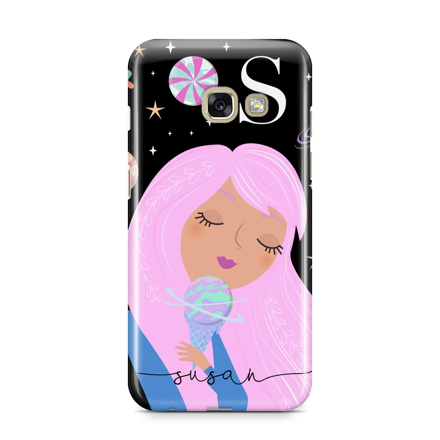 Pink Space Lady Personalised Samsung Galaxy A3 2017 Case on gold phone