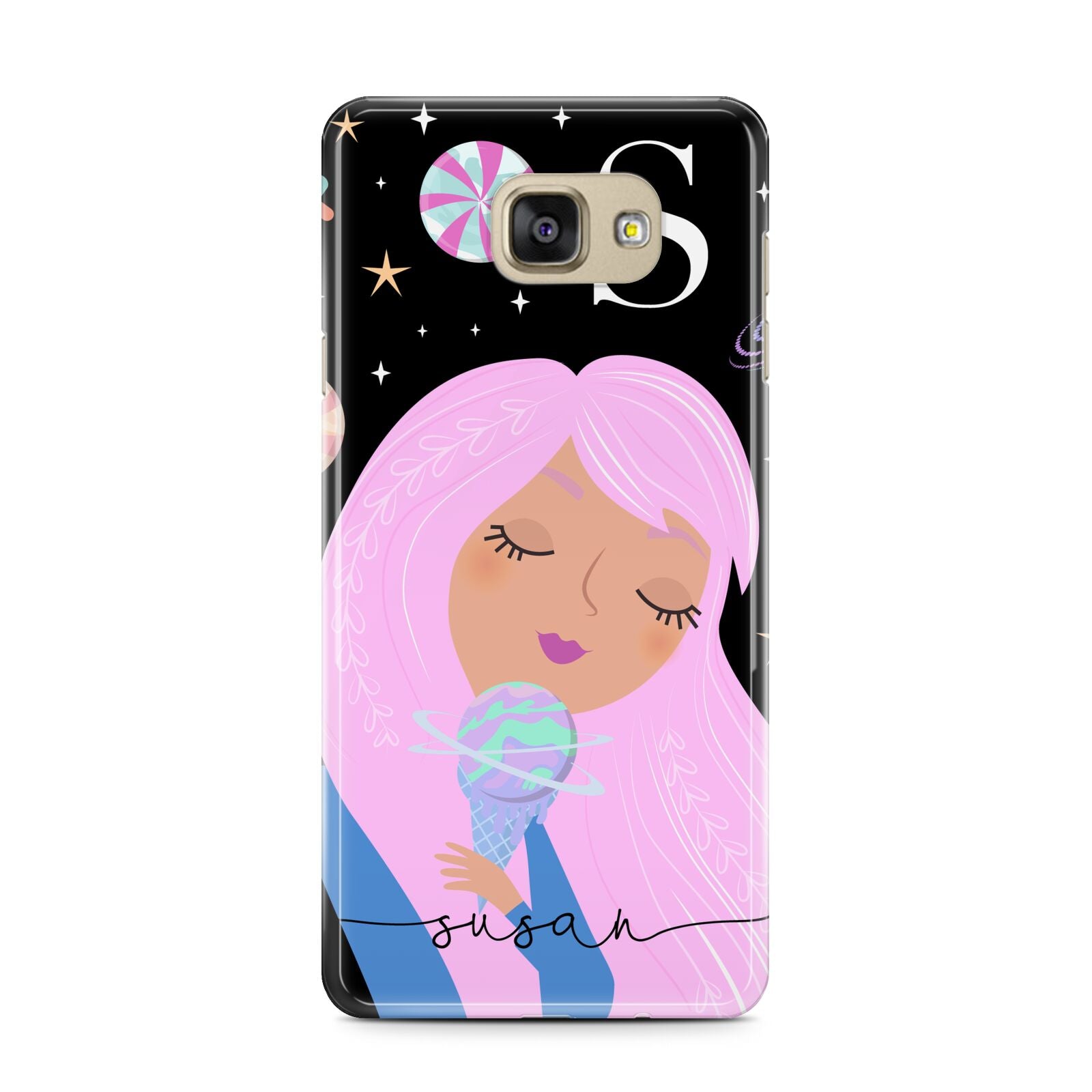 Pink Space Lady Personalised Samsung Galaxy A7 2016 Case on gold phone