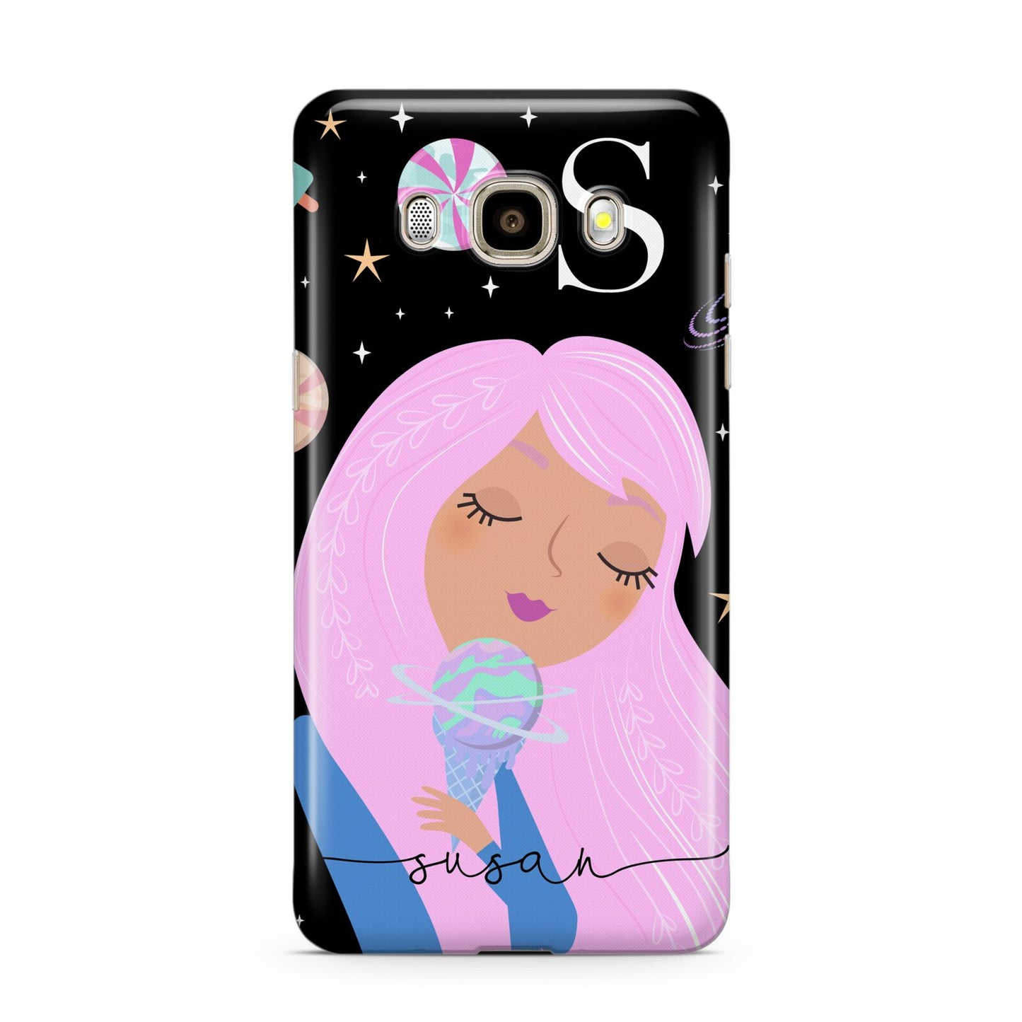 Pink Space Lady Personalised Samsung Galaxy J7 2016 Case on gold phone