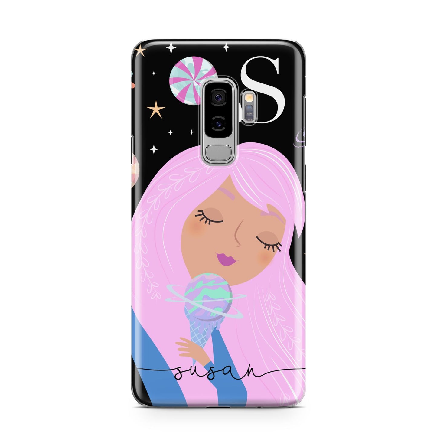 Pink Space Lady Personalised Samsung Galaxy S9 Plus Case on Silver phone