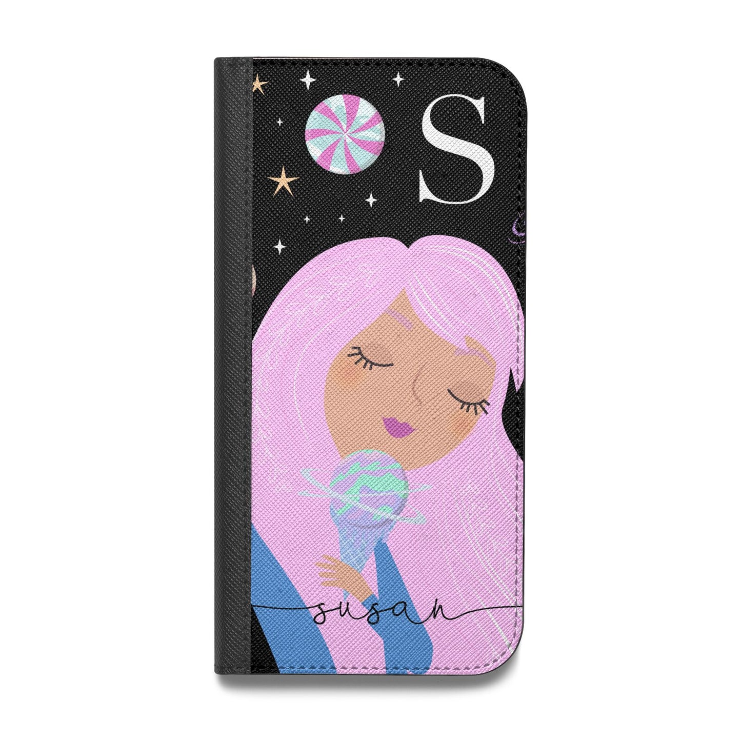 Pink Space Lady Personalised Vegan Leather Flip iPhone Case