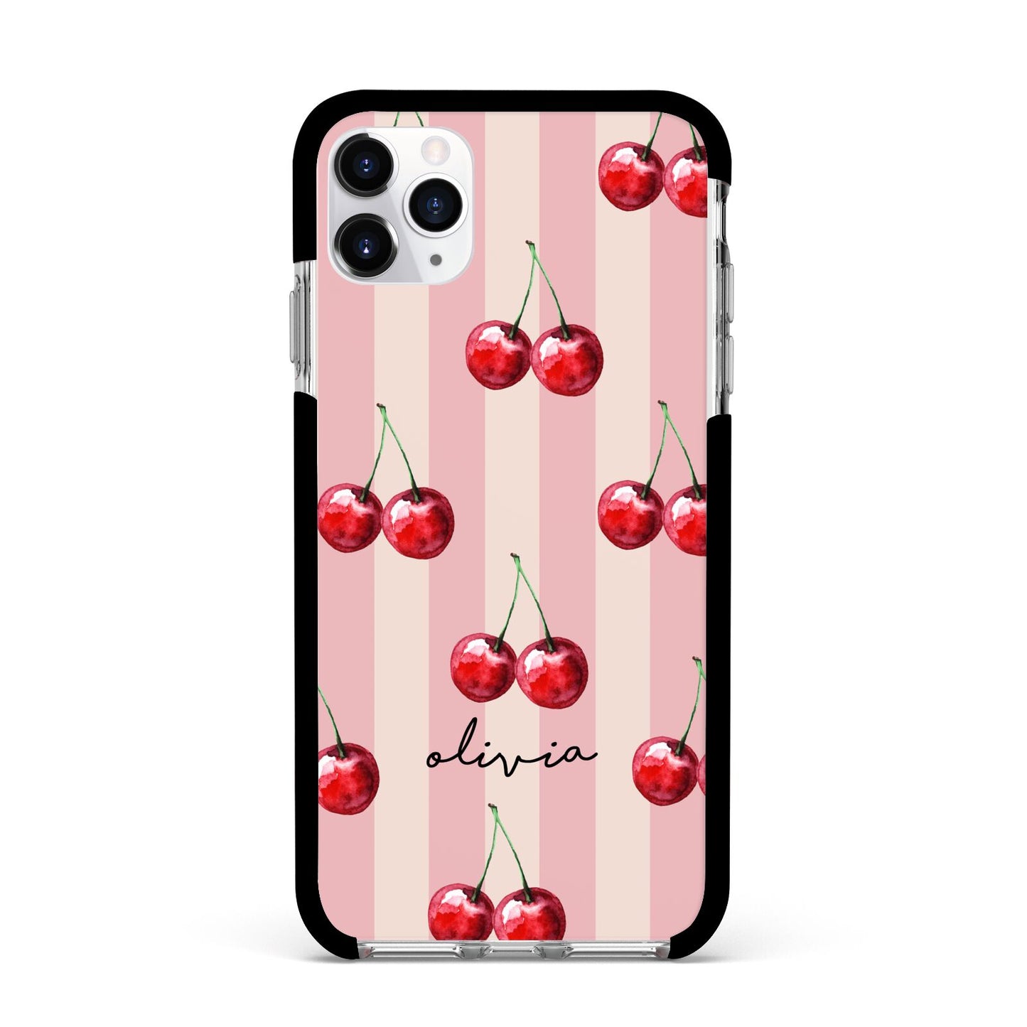 Pink Stripes with Cherries and Text Apple iPhone 11 Pro Max in Silver with Black Impact Case