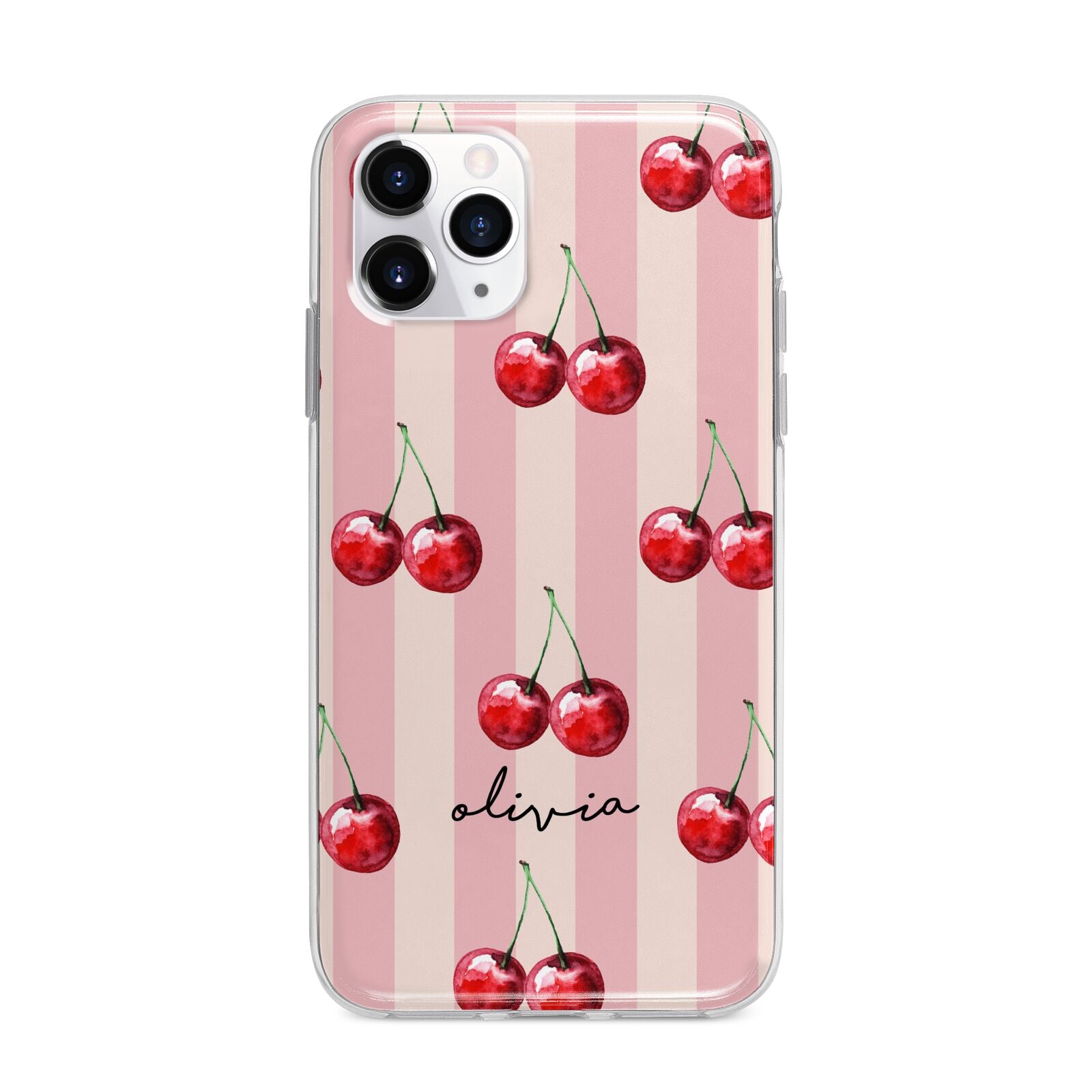 Pink Stripes with Cherries and Text Apple iPhone 11 Pro Max in Silver with Bumper Case