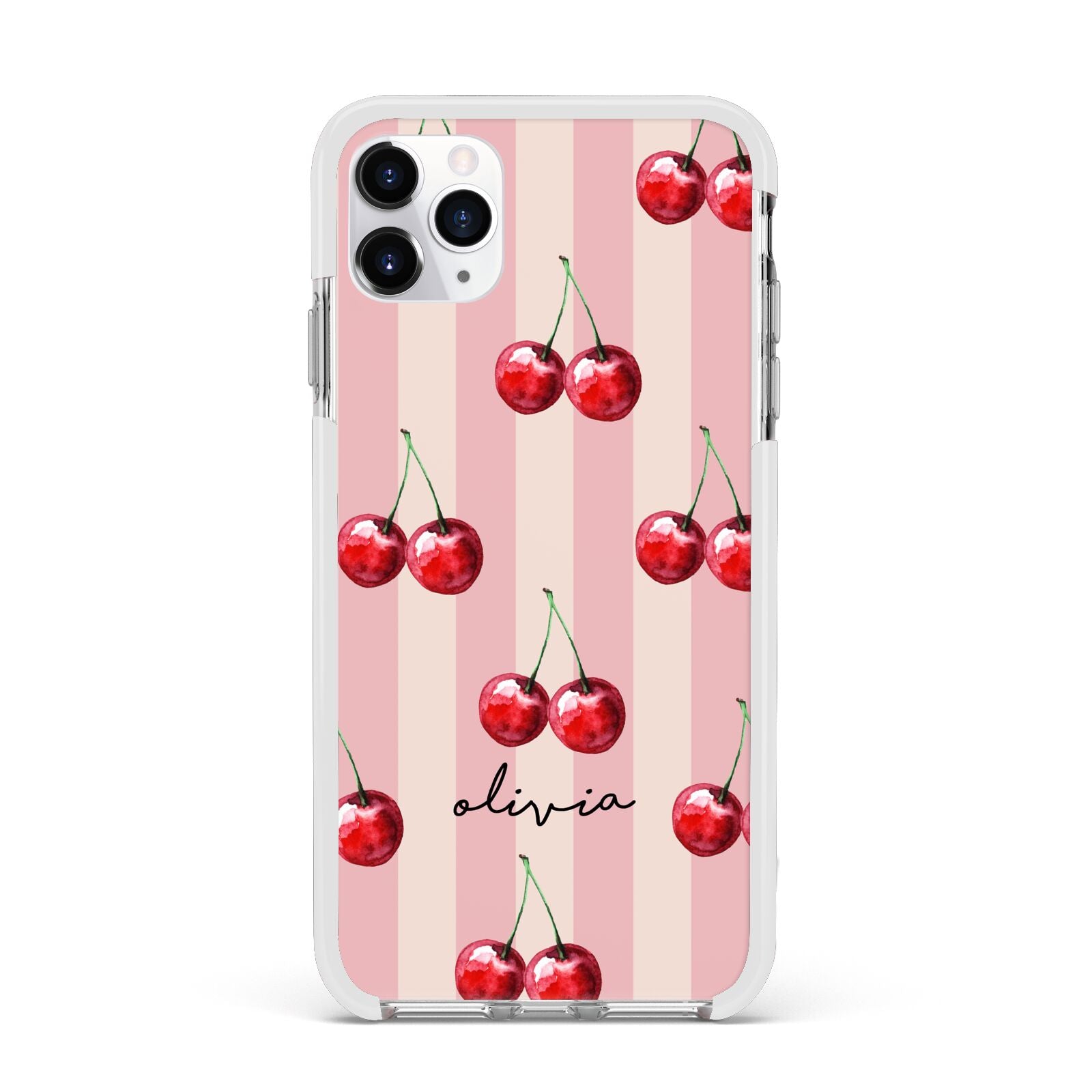 Pink Stripes with Cherries and Text Apple iPhone 11 Pro Max in Silver with White Impact Case