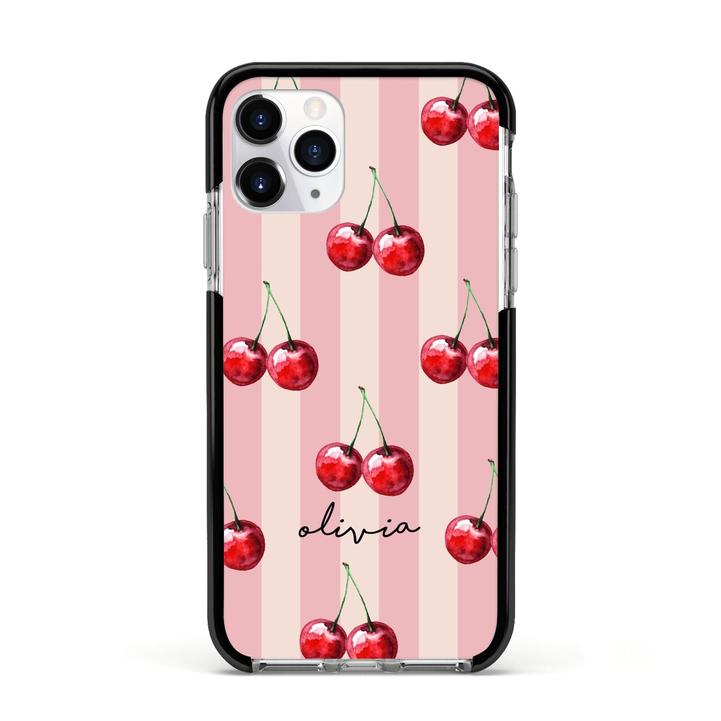 Pink Stripes with Cherries and Text Apple iPhone 11 Pro in Silver with Black Impact Case