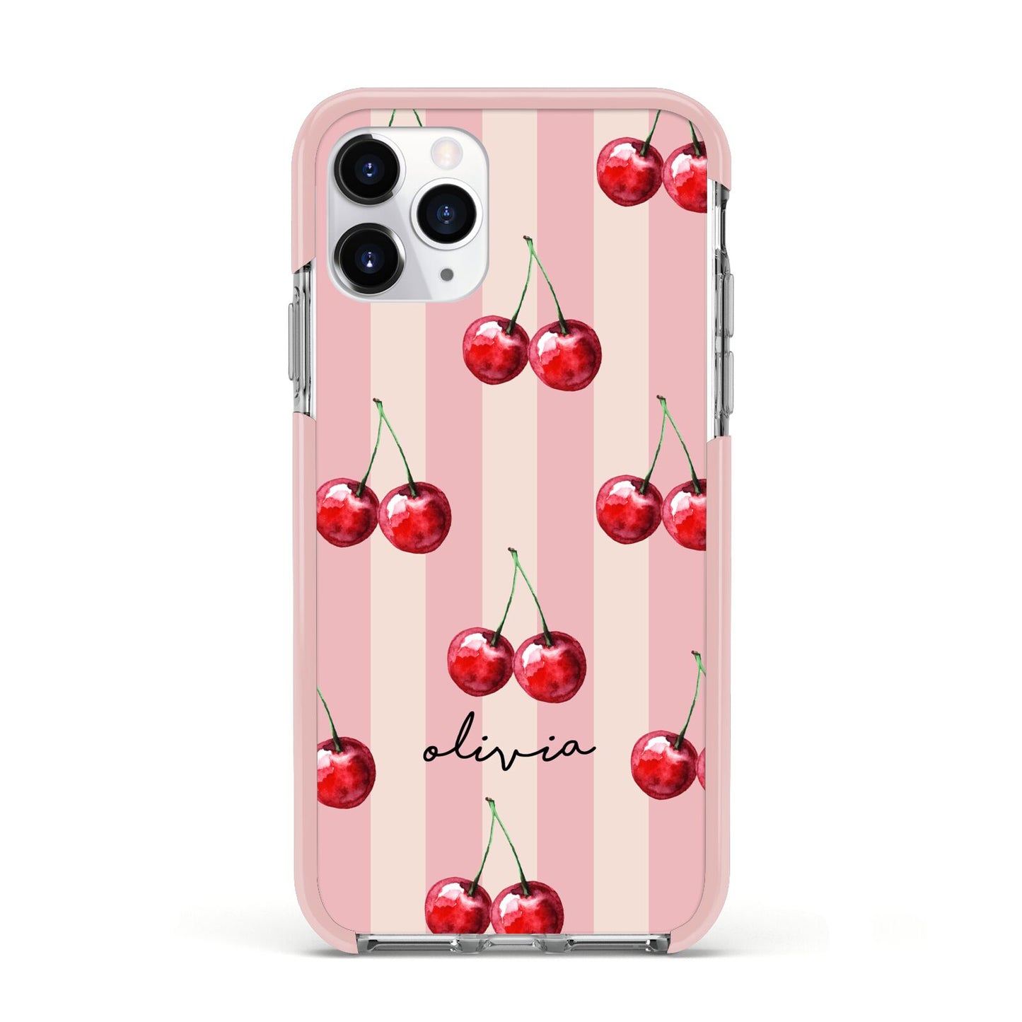 Pink Stripes with Cherries and Text Apple iPhone 11 Pro in Silver with Pink Impact Case