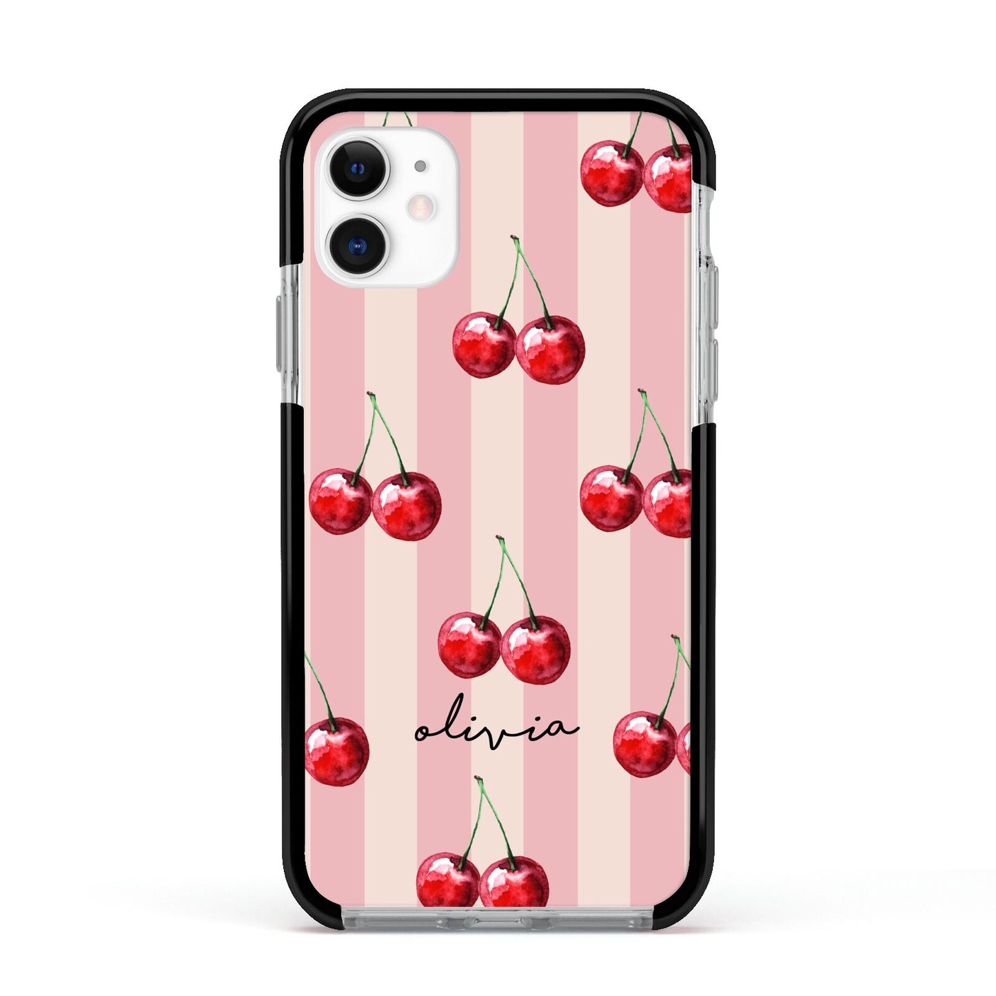 Pink Stripes with Cherries and Text Apple iPhone 11 in White with Black Impact Case