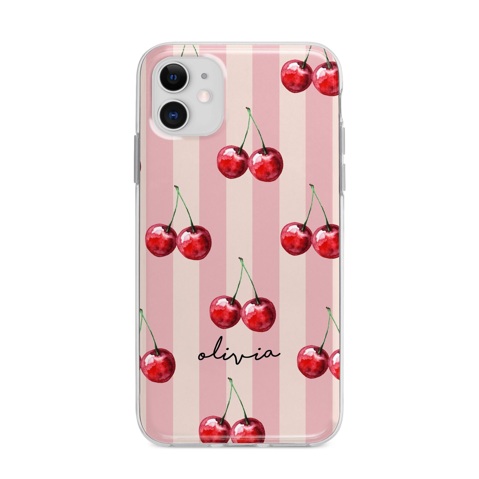 Pink Stripes with Cherries and Text Apple iPhone 11 in White with Bumper Case