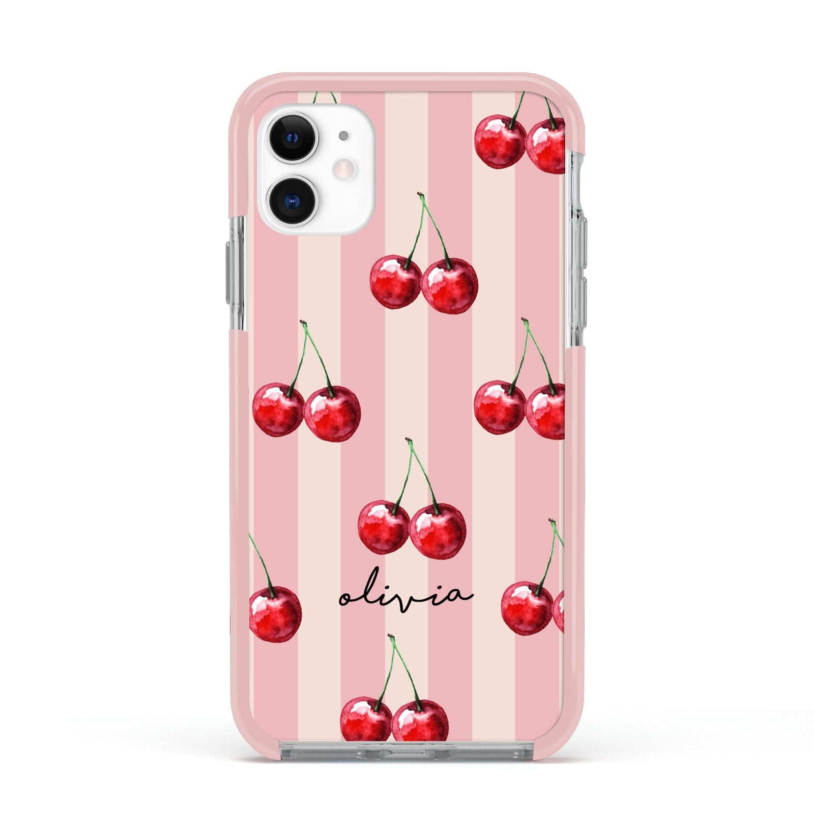 Pink Stripes with Cherries and Text Apple iPhone 11 in White with Pink Impact Case