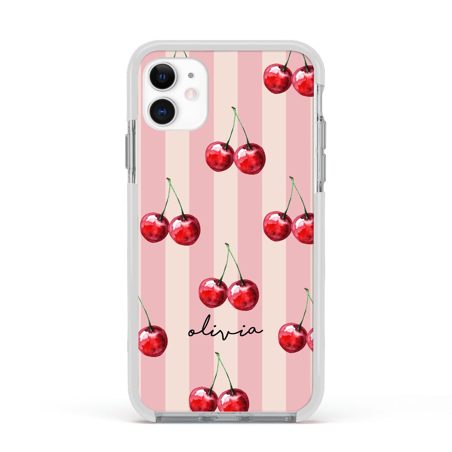 Pink Stripes with Cherries and Text Apple iPhone 11 in White with White Impact Case