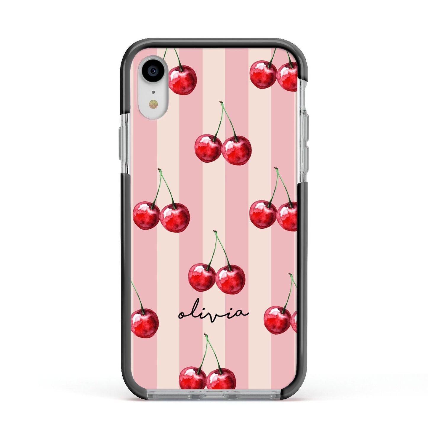 Pink Stripes with Cherries and Text Apple iPhone XR Impact Case Black Edge on Silver Phone