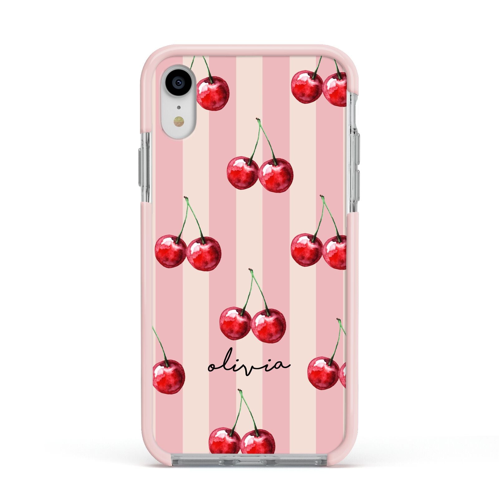 Pink Stripes with Cherries and Text Apple iPhone XR Impact Case Pink Edge on Silver Phone